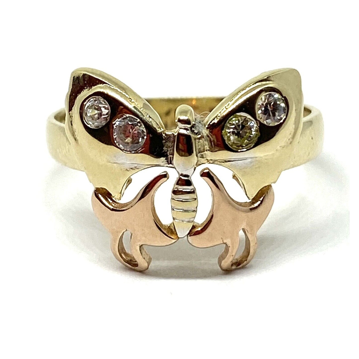 14K Solid Yellow Gold Beautiful Tri Color Butterfly CZ Ring. Size 6 3/4