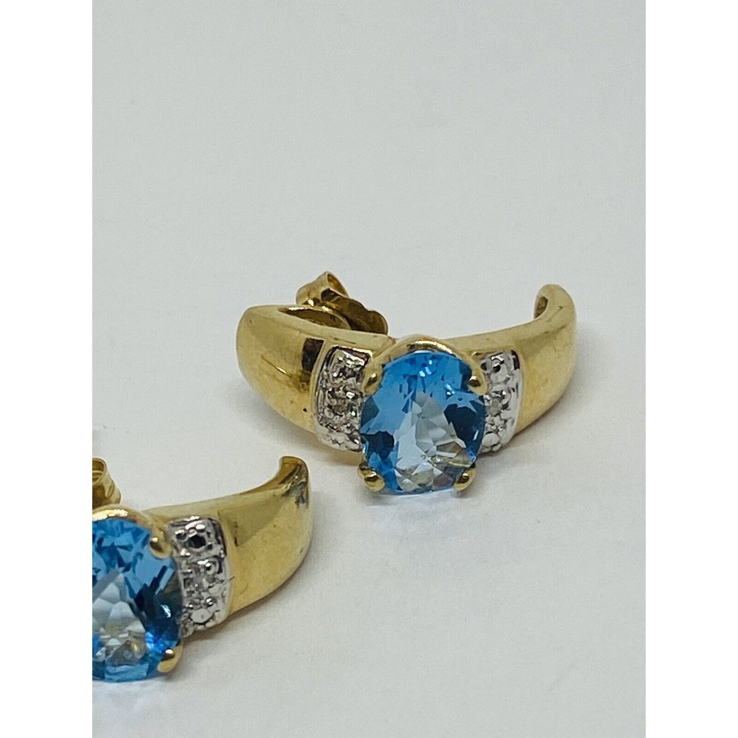 10K Yellow Gold Blue Topaz Diamond Earrings Half Hoop