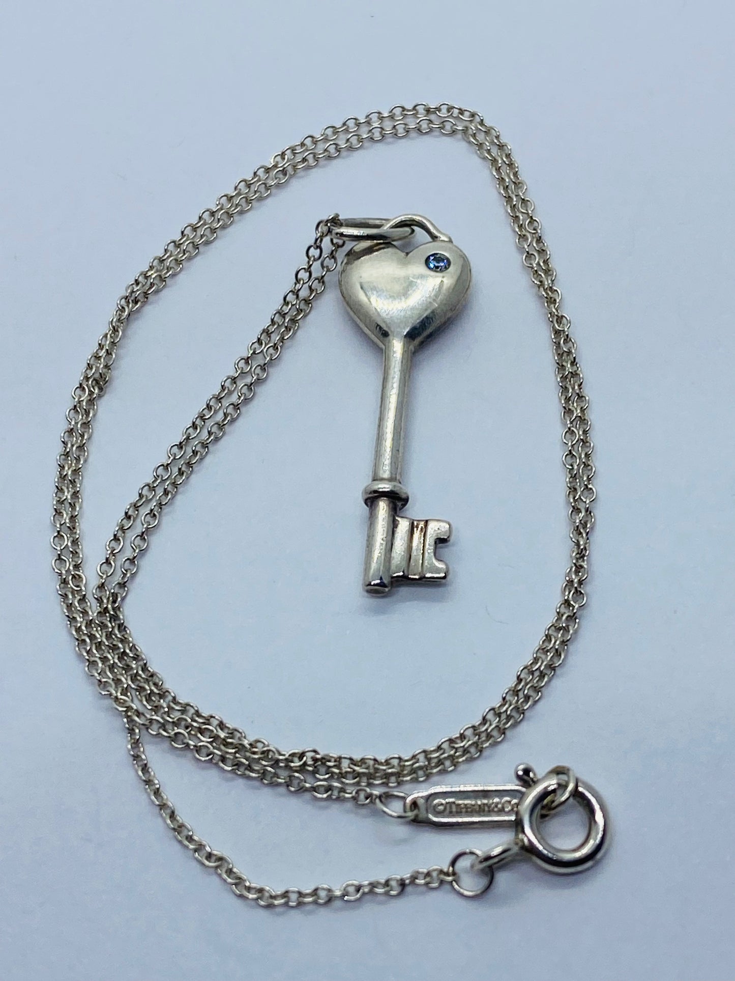 Tiffany & Co Silver Diamond Key Heart Pendant Charm T & Co 16.5”