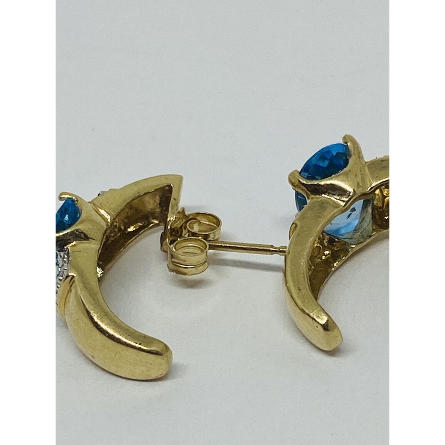 10K Yellow Gold Blue Topaz Diamond Earrings Half Hoop