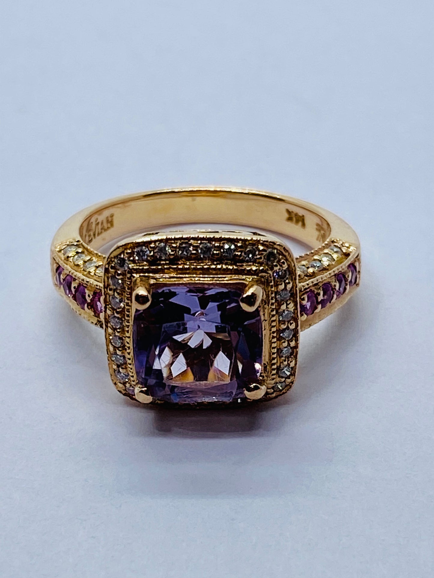 LeVian 14K Rose Gold Amethyst Pink Sapphire Diamond Halo Cocktail Ring READ!
