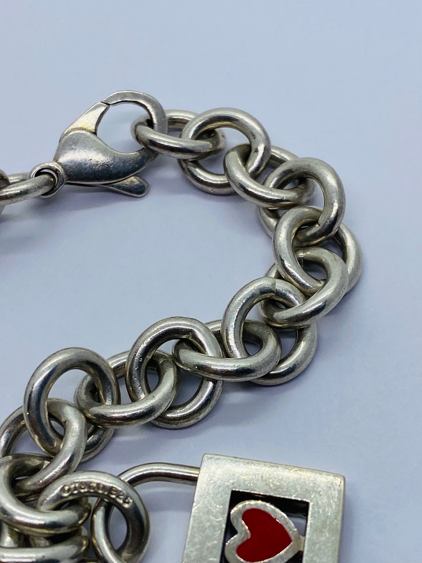 TIFFANY & CO. Bracelet 8” Red Heart Padlock Charm Sterling Silver W/Pouch