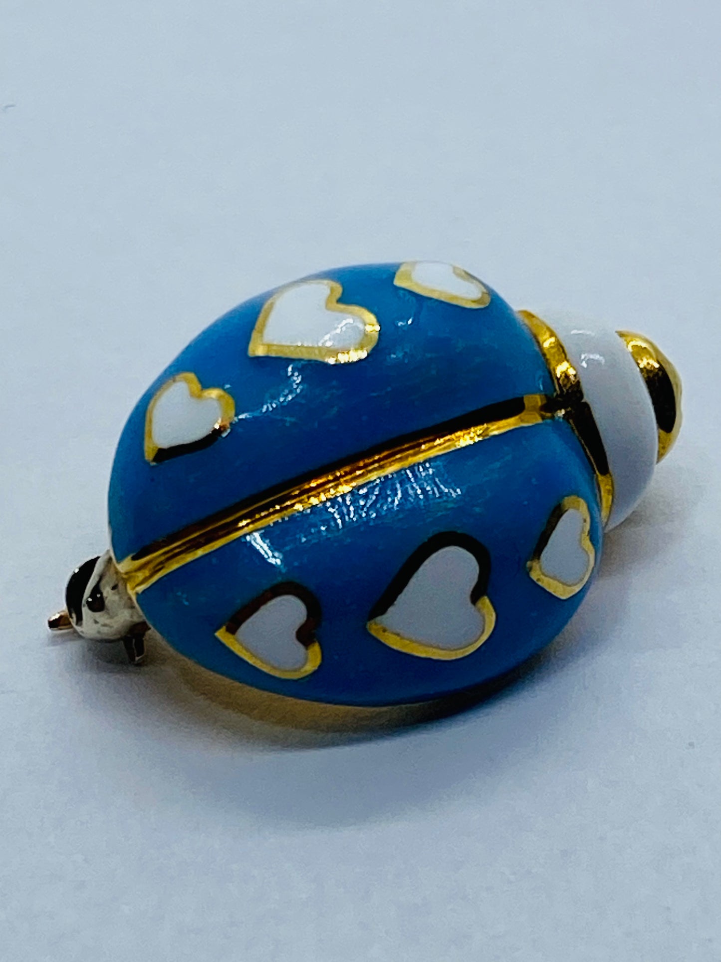 Tiffany & Co 18K Gold Enamel Blue White Hearts Lady bug Pin Brooch Rare