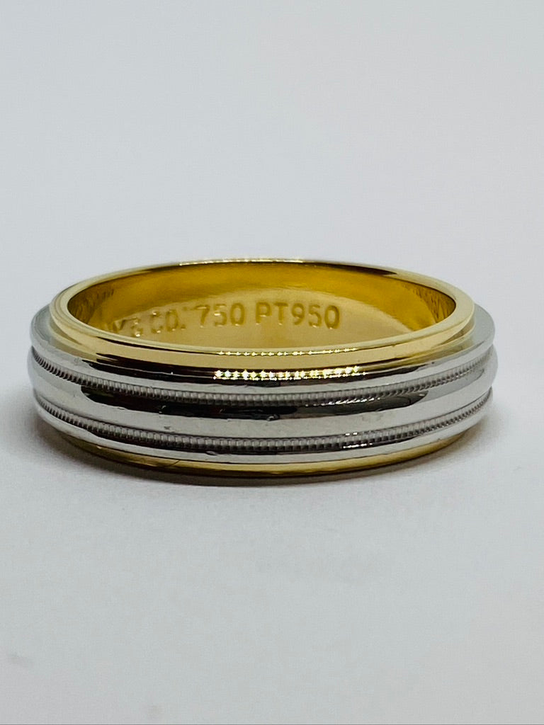 Tiffany & Co. Platinum & 18K Gold Two Tone Ridged Design Mens Band Ring Sz 9.25
