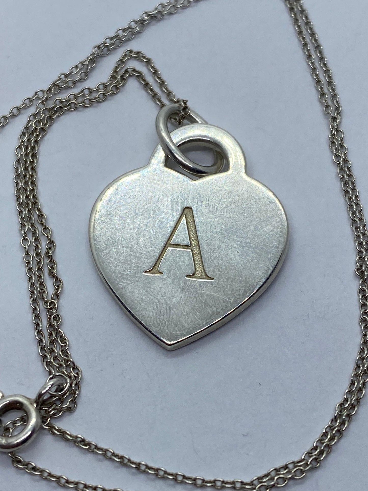 Tiffany & Co Silver Alphabet A Heart Charm Pendant Necklace 18” Long