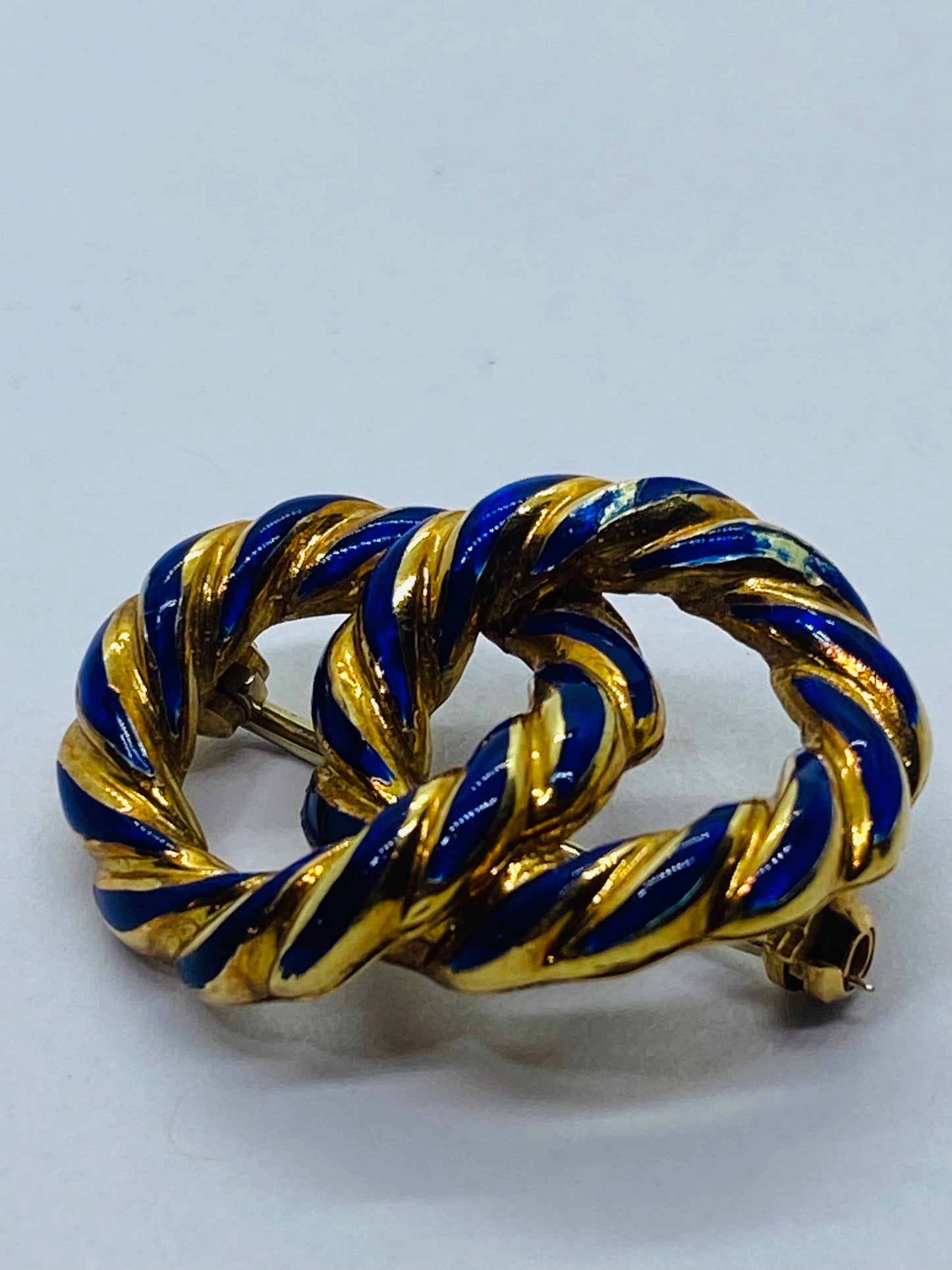 Vintage Tiffany & Co. 18K Yellow Gold & Blue Enamel Intertwined Circles Brooch