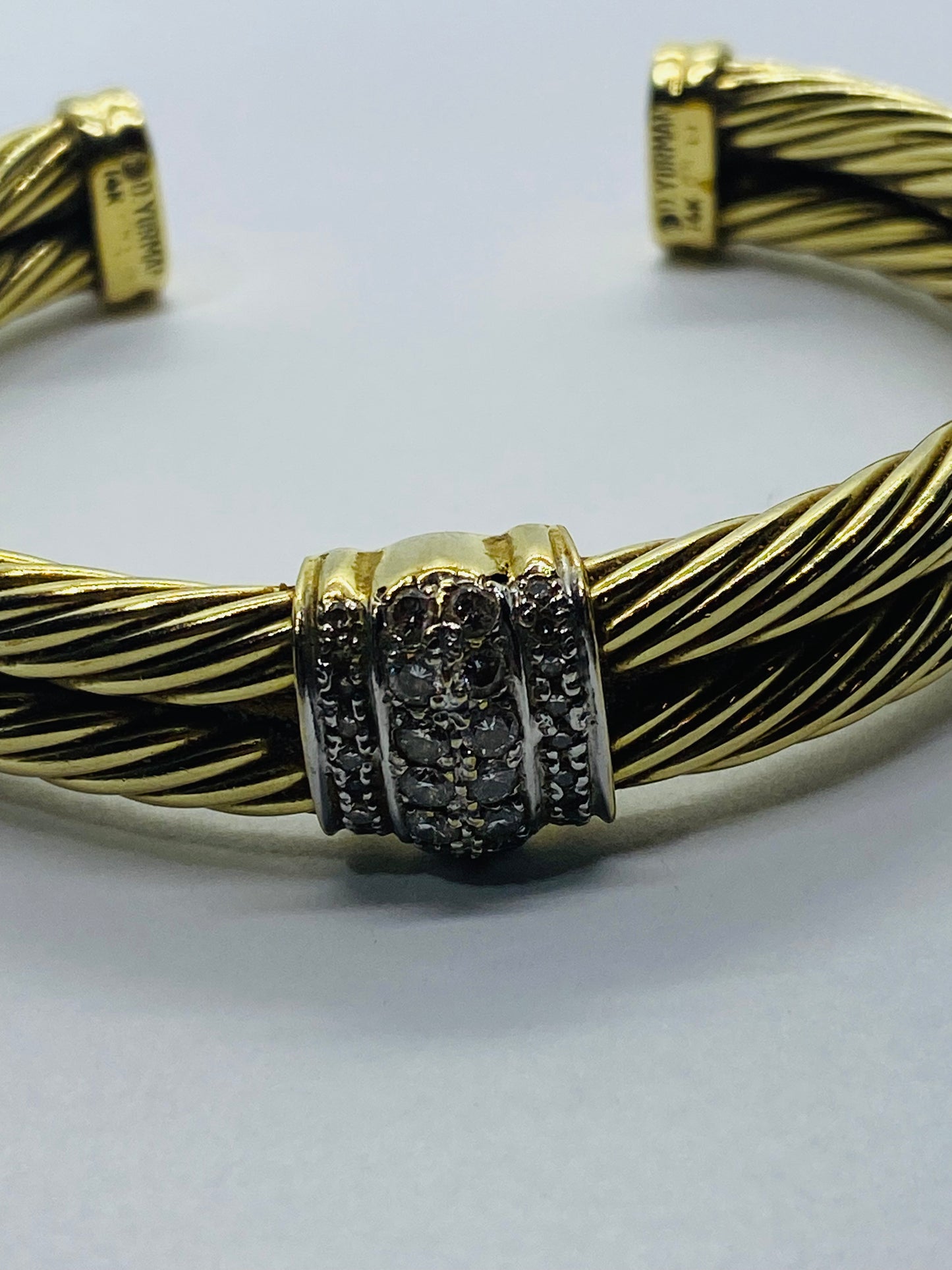 David Yurman Solid 14k Yellow Gold Double Cable Cuff Diamond Bracelet 6.5''