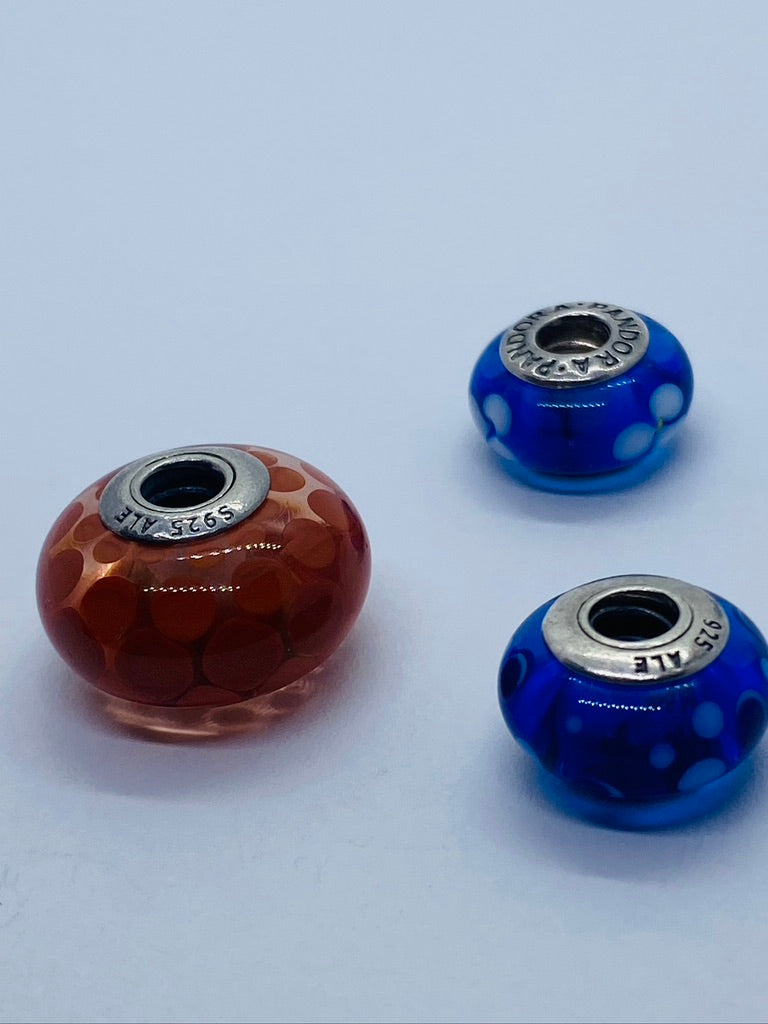 3 Pandora silver 925 murano beads charm orange, blue and baby blue