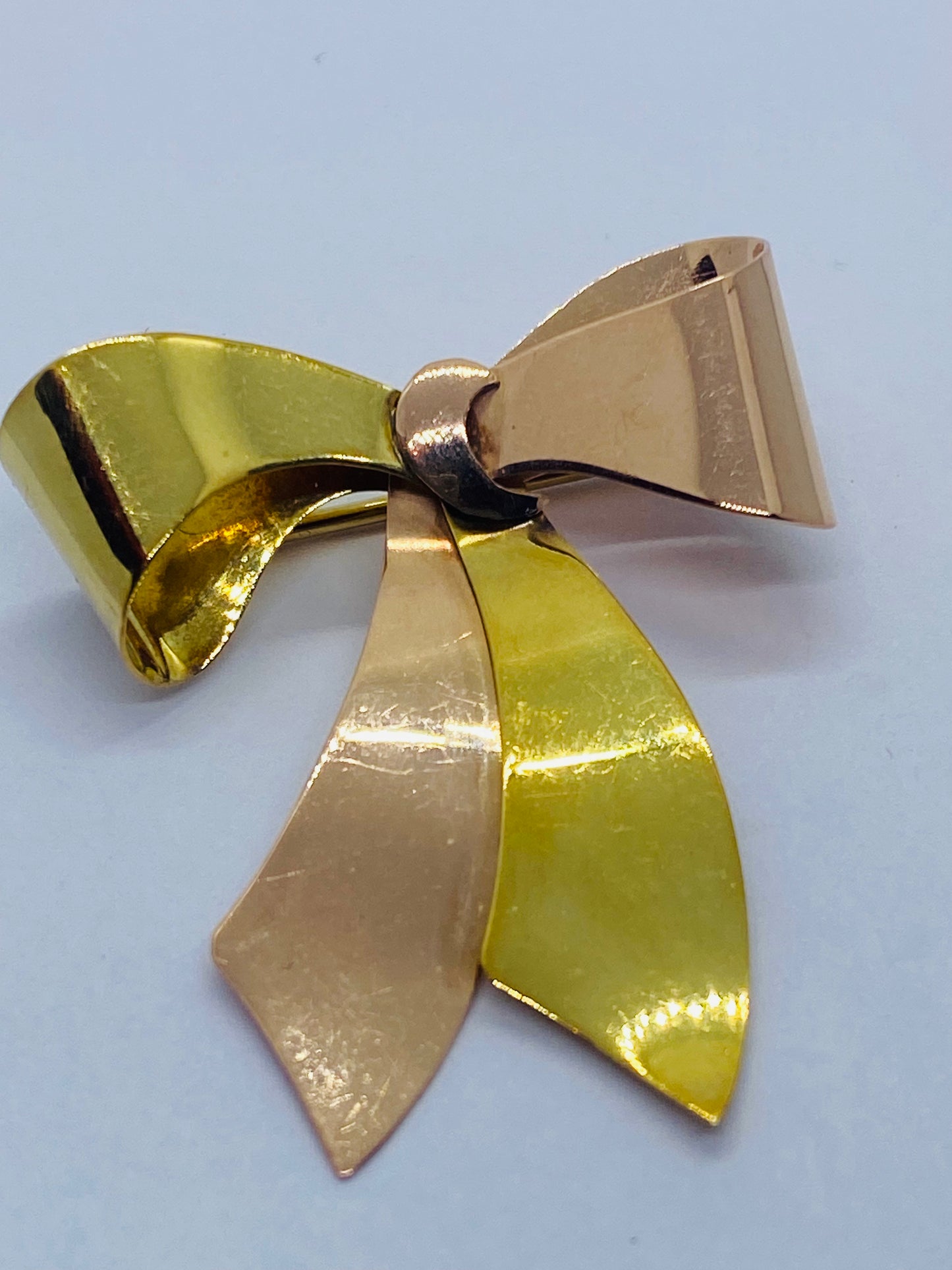 Vintage Tiffany & Co Two Tone 14K Gold Ribbon Bow Brooch Pin High Polish