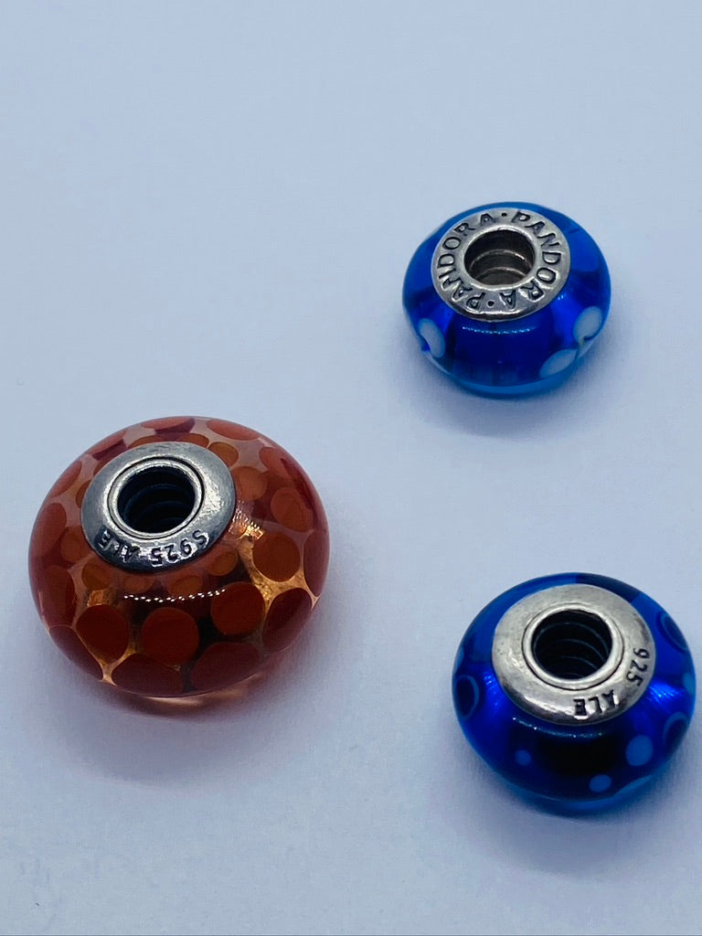 3 Pandora silver 925 murano beads charm orange, blue and baby blue