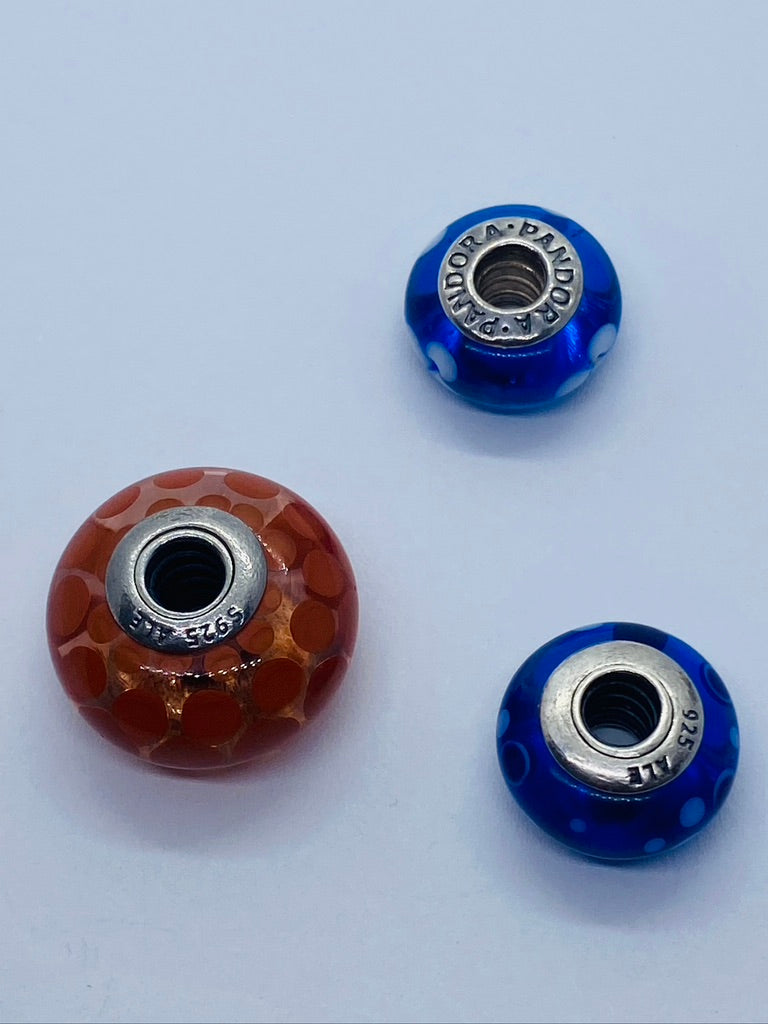 3 Pandora silver 925 murano beads charm orange, blue and baby blue