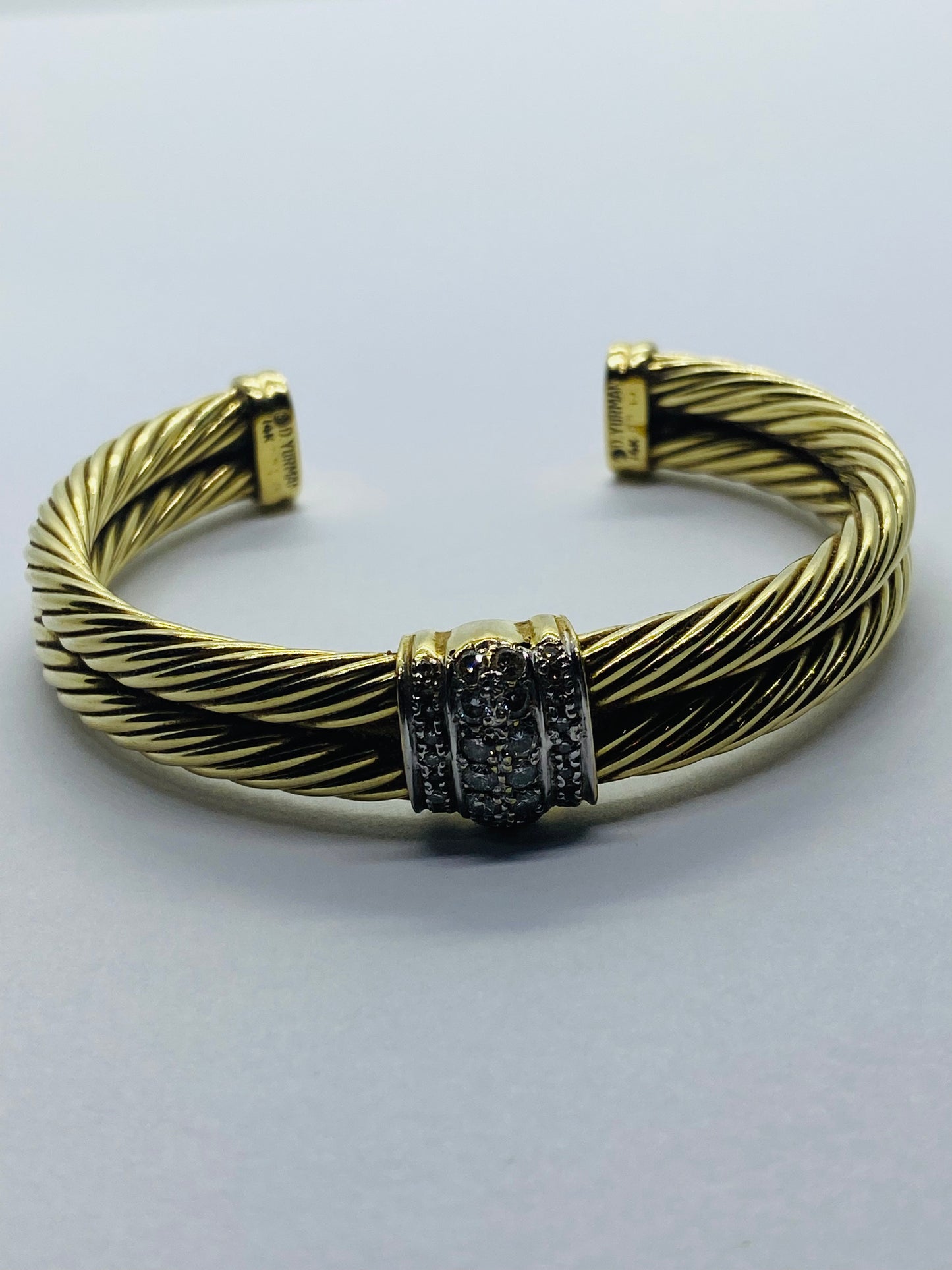 David Yurman Solid 14k Yellow Gold Double Cable Cuff Diamond Bracelet 6.5''