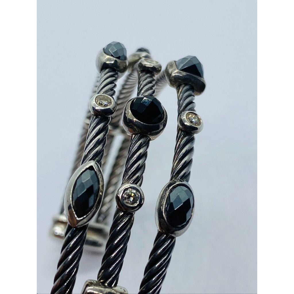 David Yurman Cable Sterling Silver Black Onyx Hematite & Diamond Confetti Cuff Bracelet