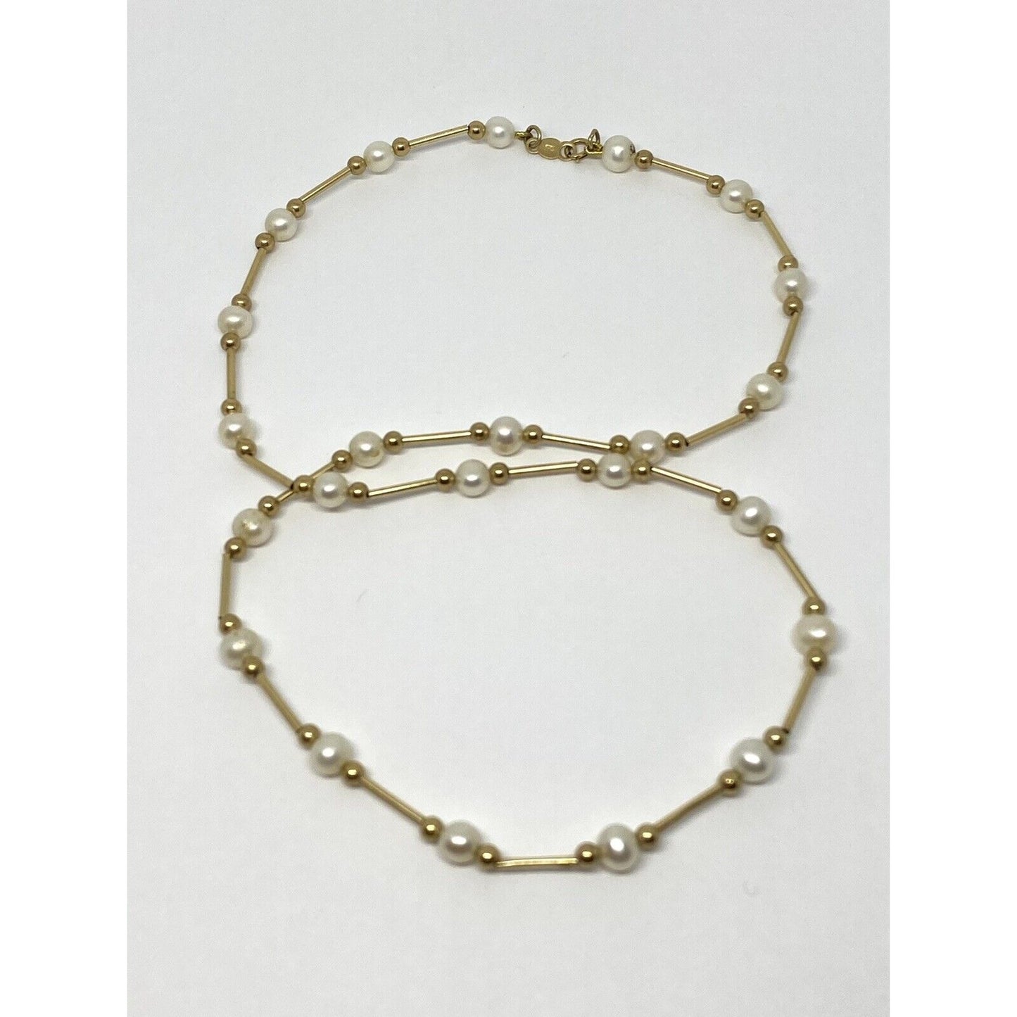 Vintage 14k Yellow Gold Pearl Station Link Necklace 17” 5MM Pearls