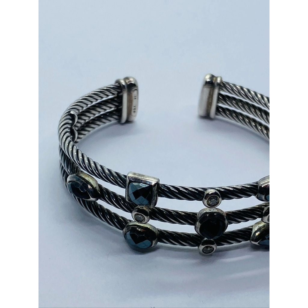 David Yurman Cable Sterling Silver Black Onyx Hematite & Diamond Confetti Cuff Bracelet