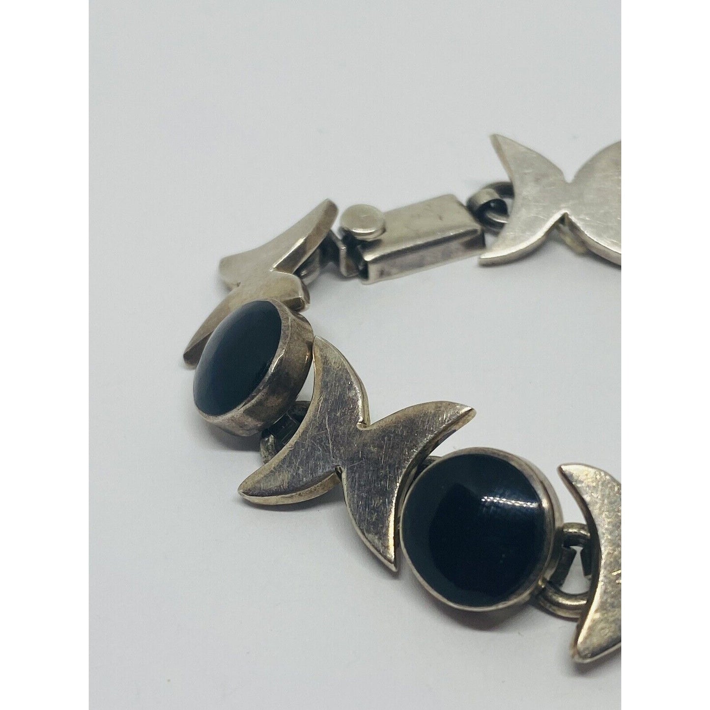 Mexico Taxco Sterling Silver Onyx Gemstone Bracelet Heavy SIGNED TM-146