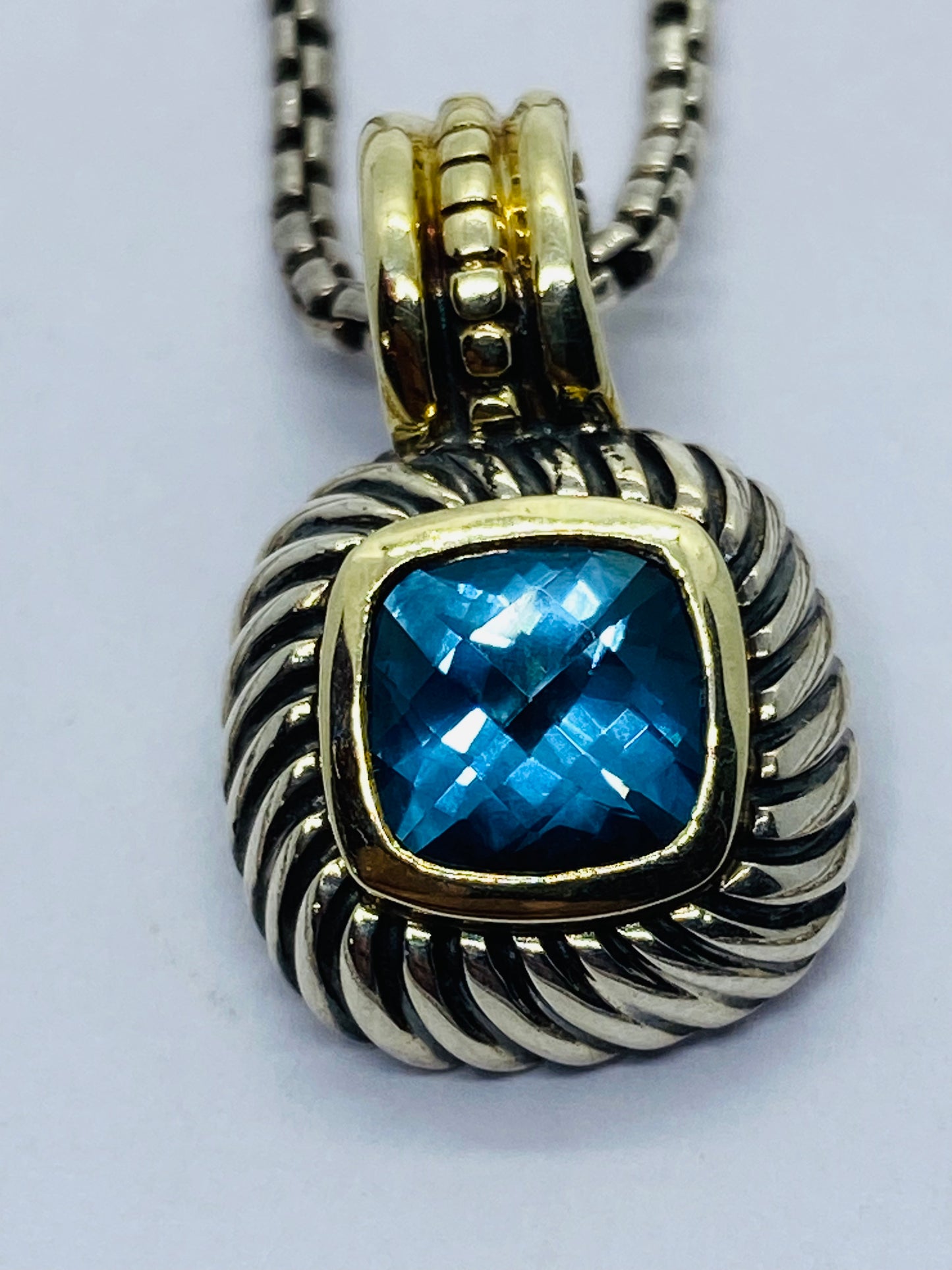 David Yurman Sterling Silver & 14k Blue Topaz Albion Pendant Enhancer 16.5”