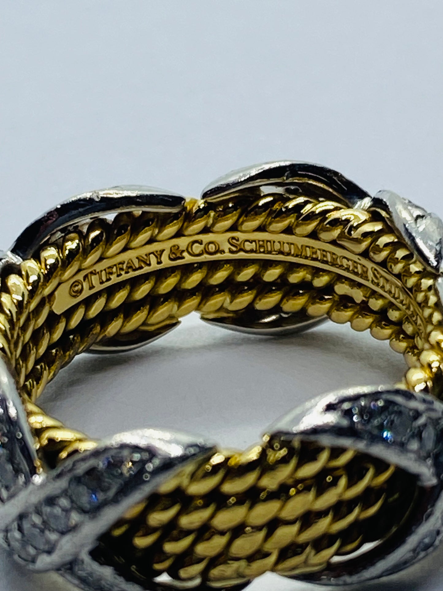 Tiffany & Co Schlumberger 18K YG, Platinum, & Diamond 4-row X Ring - Sz. 5.5