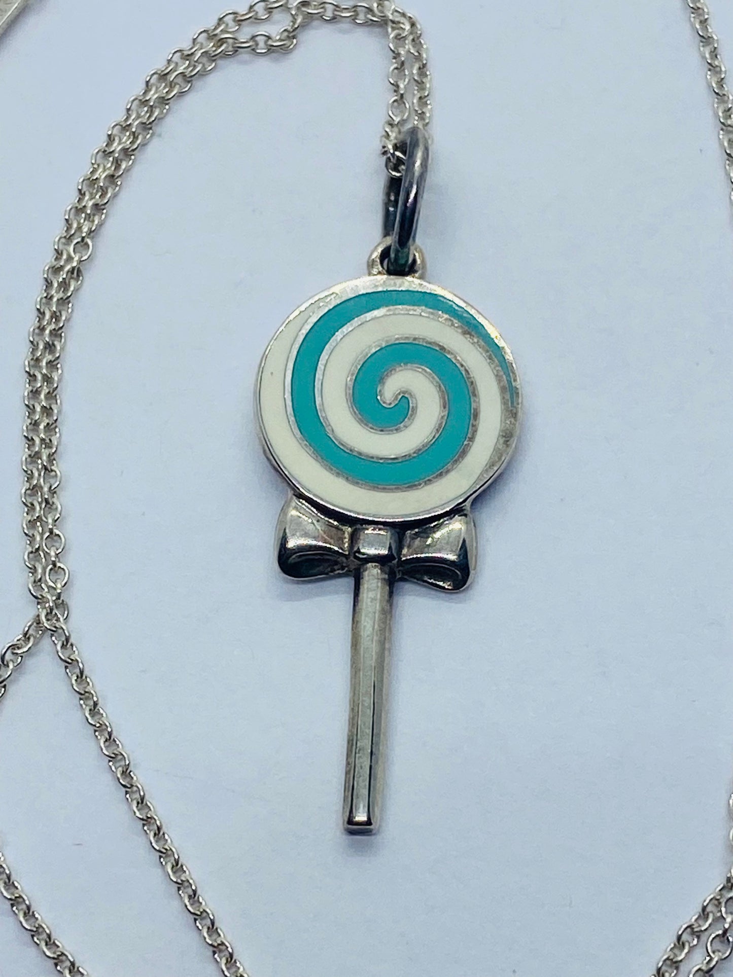 Tiffany & Co 925 Sterling Silver Lollipop Blue Enamel Necklace 16”