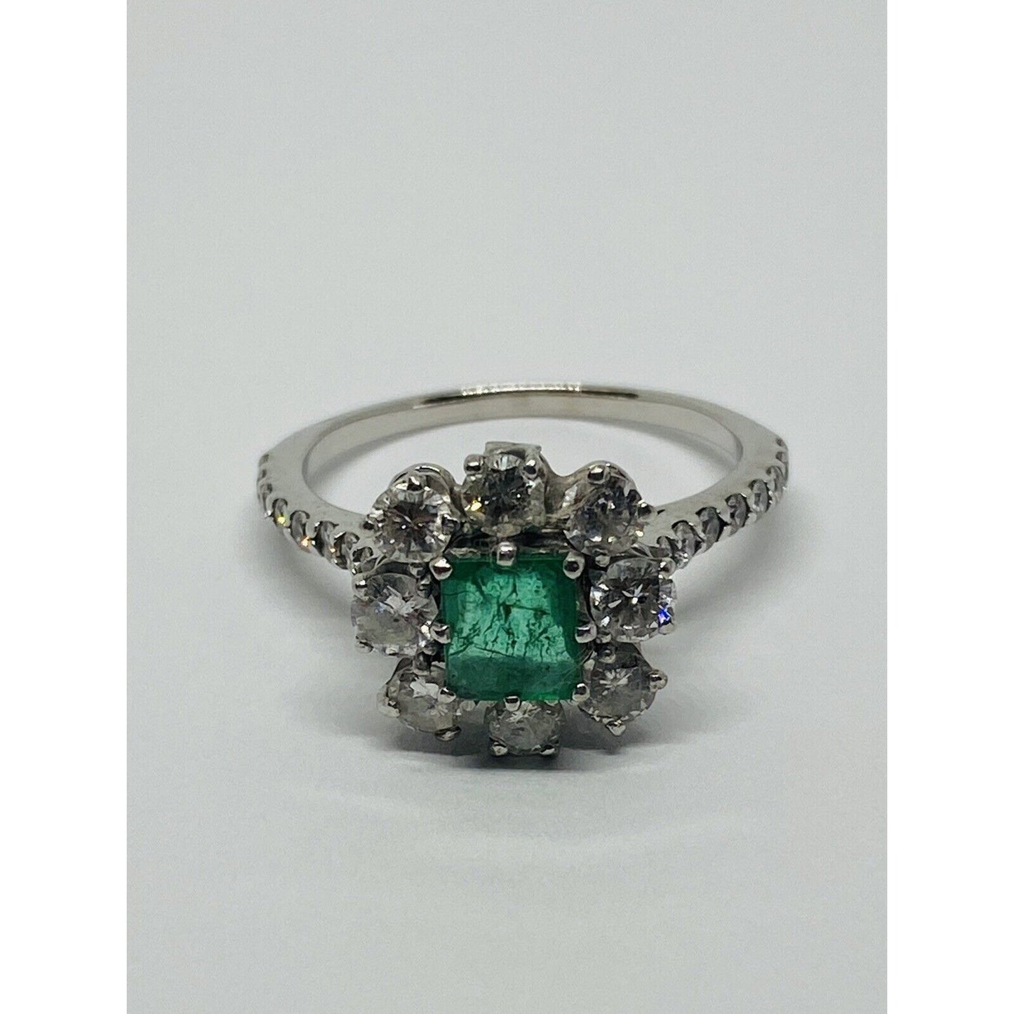 Natural Emerald and Diamond 14K White Gold Engagement Cocktail Ring 7.5