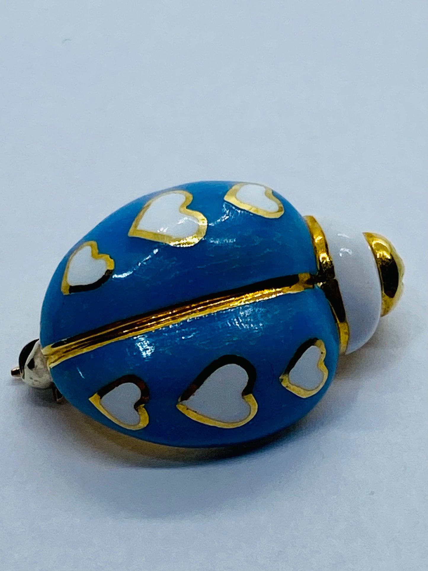 Tiffany & Co 18K Gold Enamel Blue White Hearts Lady bug Pin Brooch Rare