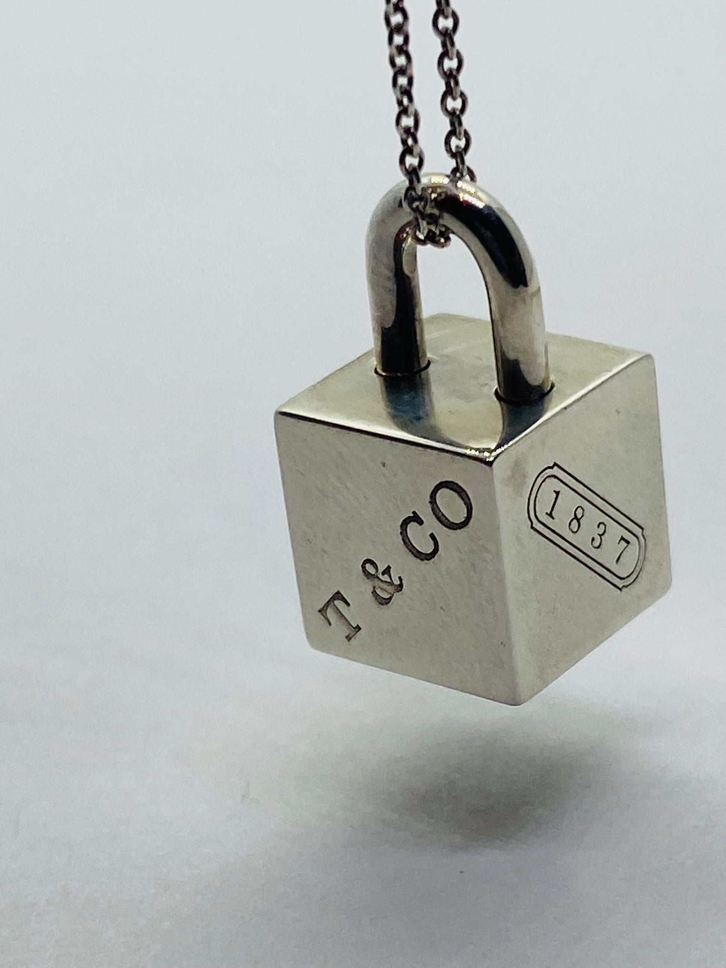 Tiffany & Co Silver 1837 Square Cube Padlock Pendant Charm Necklace 16” Rare