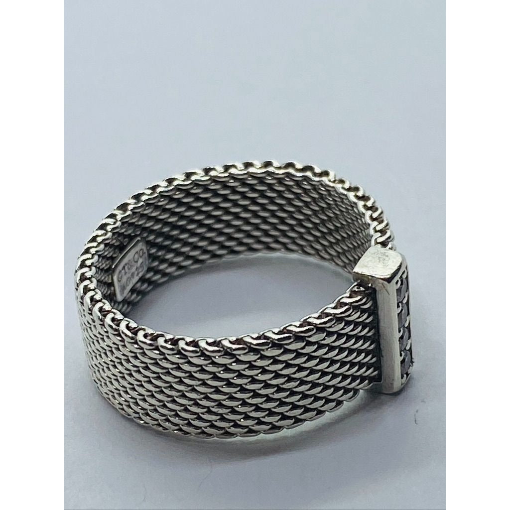 Tiffany & Co Sterling Silver Diamond Mesh Somerset Wide Band Ring. Retired