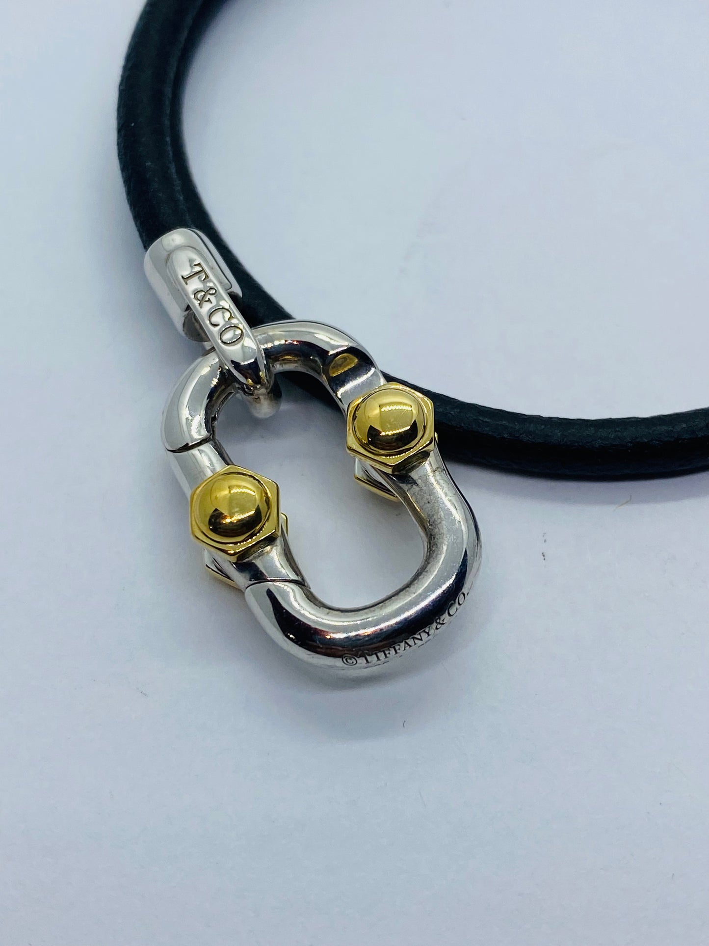 Tiffany & co 1837 Makers Black leather cord Sterling and 18k Bracelet 15.5”