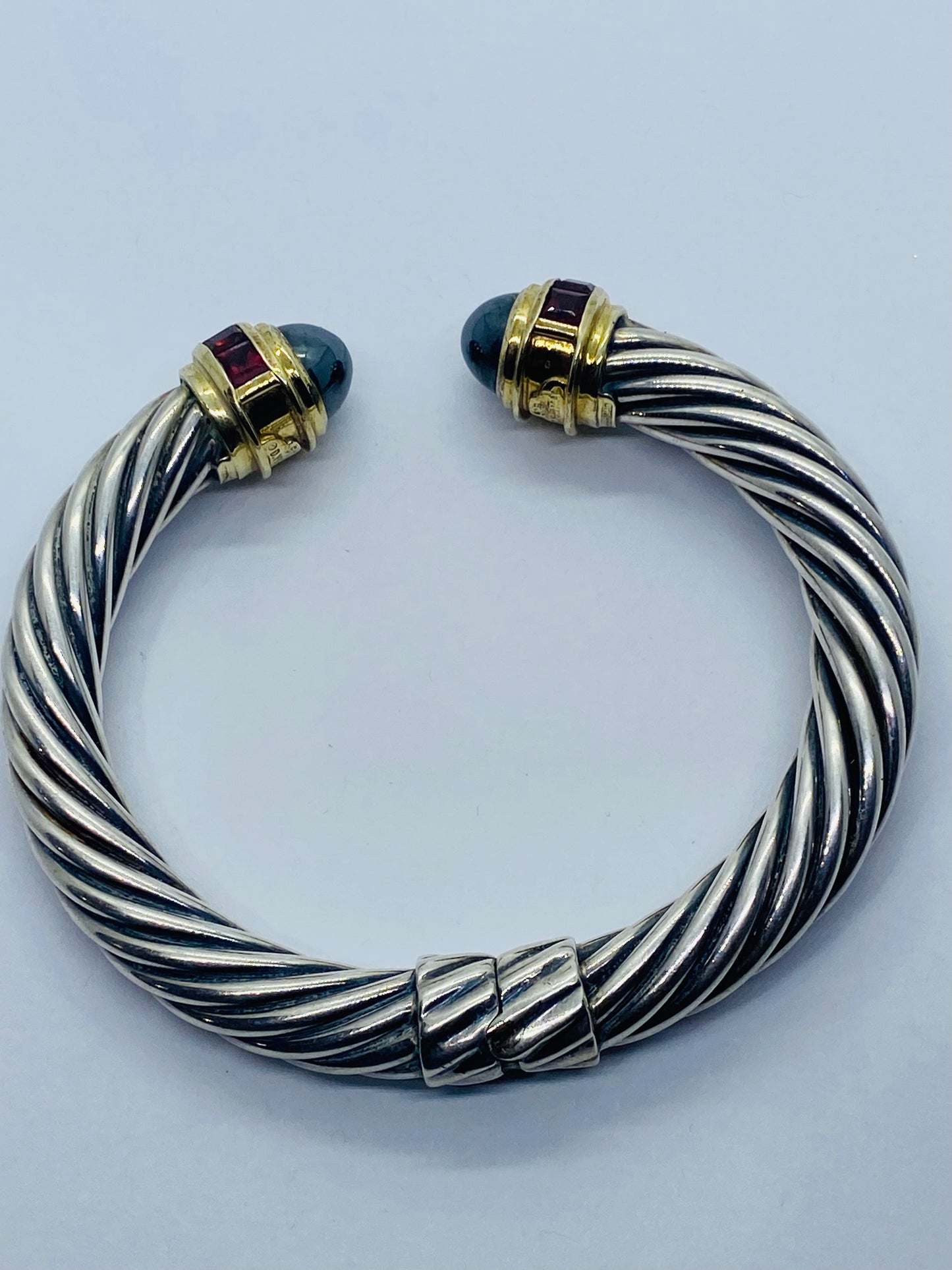 David Yurman 9.5mm Cable Hematite Pink Tourmaline 14K Gold Hinged Bracelet 7”