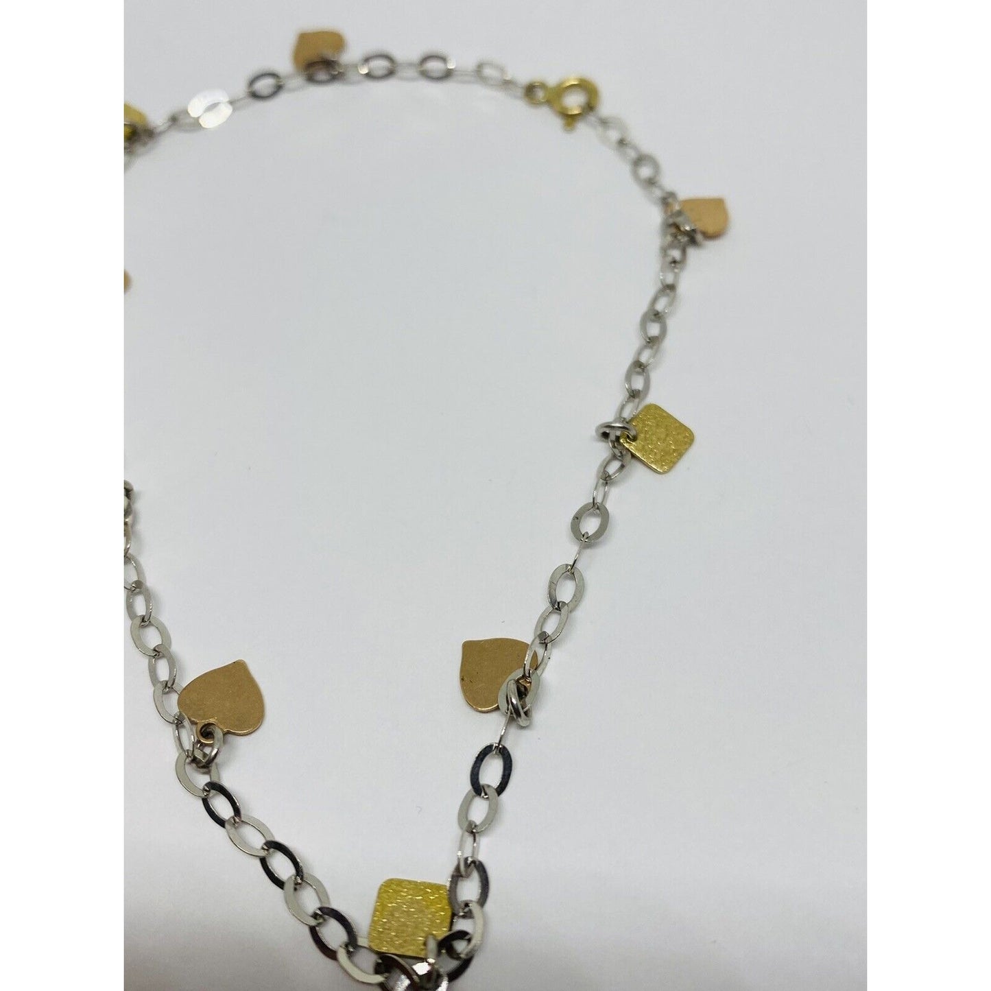 14K Solid Tri Color Gold Bracelet Chain Anklet 9.5” Dangling Hearts Squares
