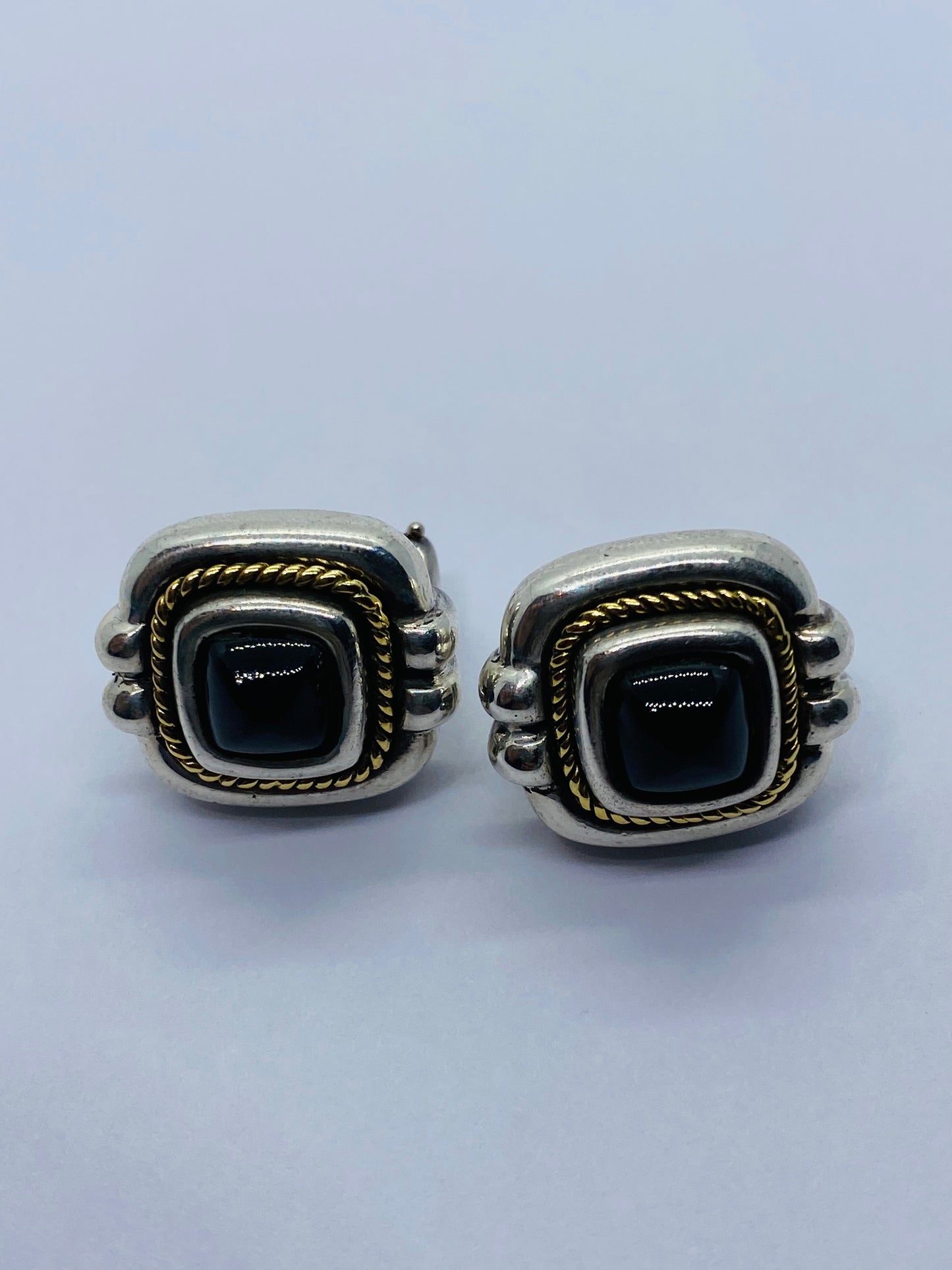 Tiffany & Co Silver Gold Rope Onyx Square Earrings Studs Pierced