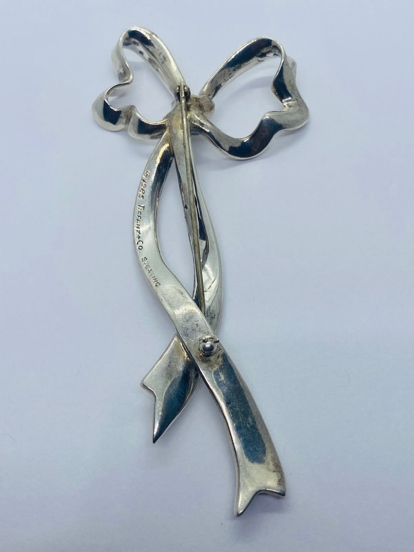 Vintage Tiffany & Co. Bow Ribbon Pin / Brooch Sterling Silver 3 1/2 Tall 16 Gram