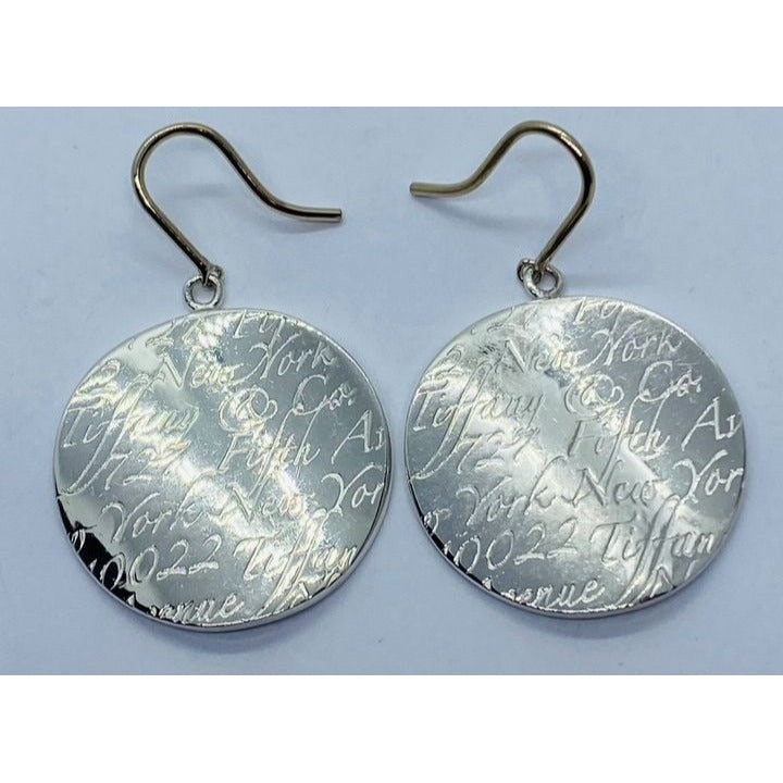 Tiffany & Co. Round Disc Notes Script Drop Dangle Love Earrings Silver