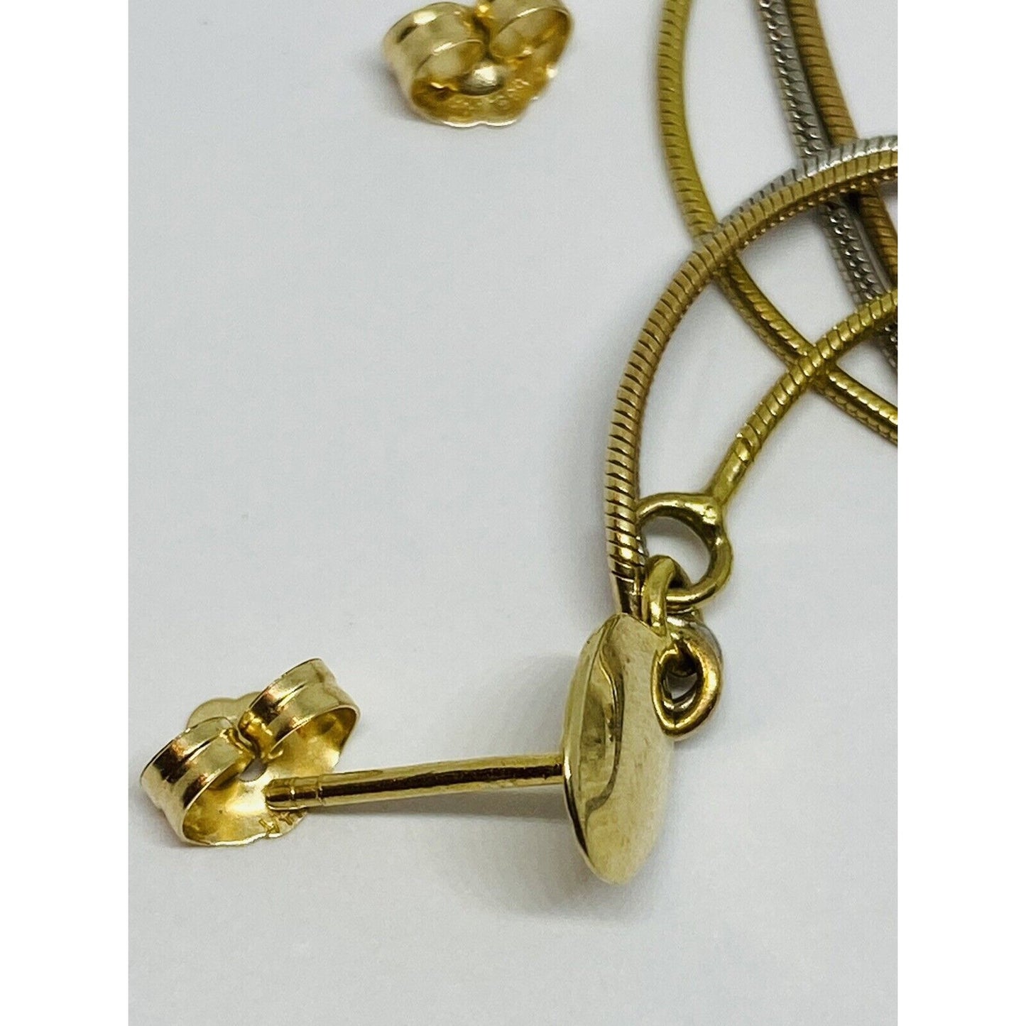 Solid 14k Tri Color 3 strand Omega Dangle Drop Earrings Hearts Beads 3”
