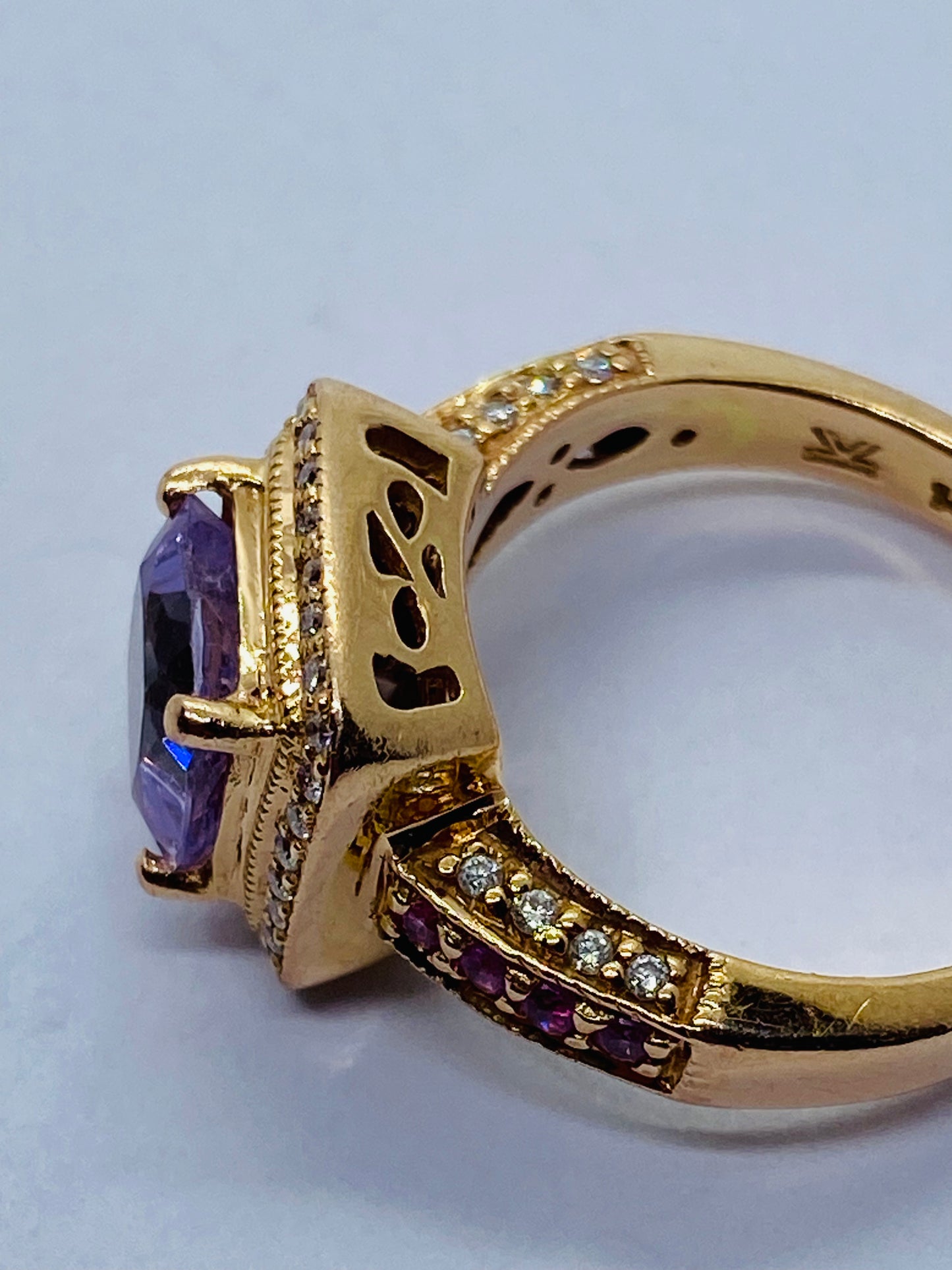 LeVian 14K Rose Gold Amethyst Pink Sapphire Diamond Halo Cocktail Ring READ!