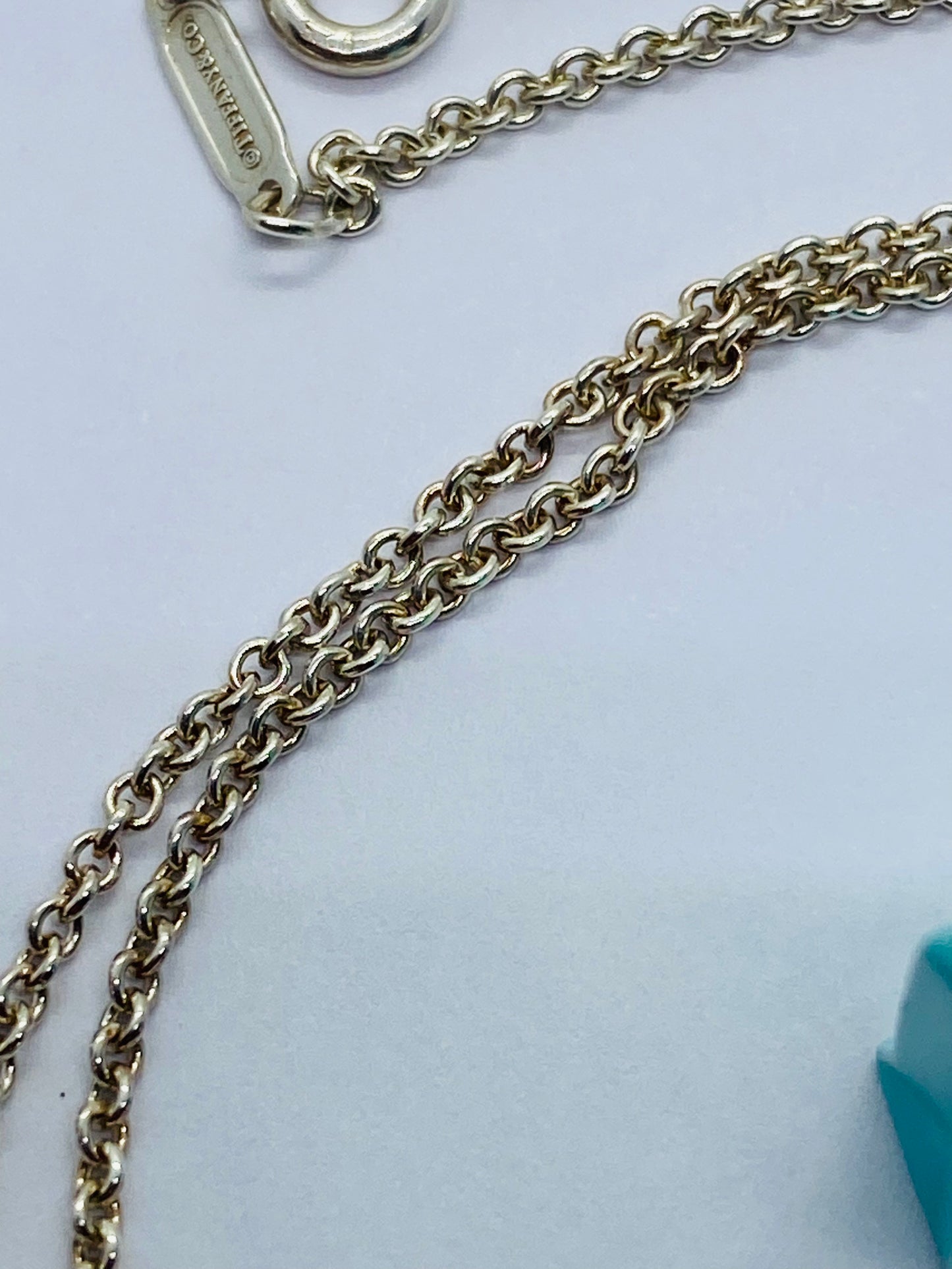 Tiffany & Co Sterling Silver Blue Enamel Shopping Bag Charm Pendant Necklace 25”