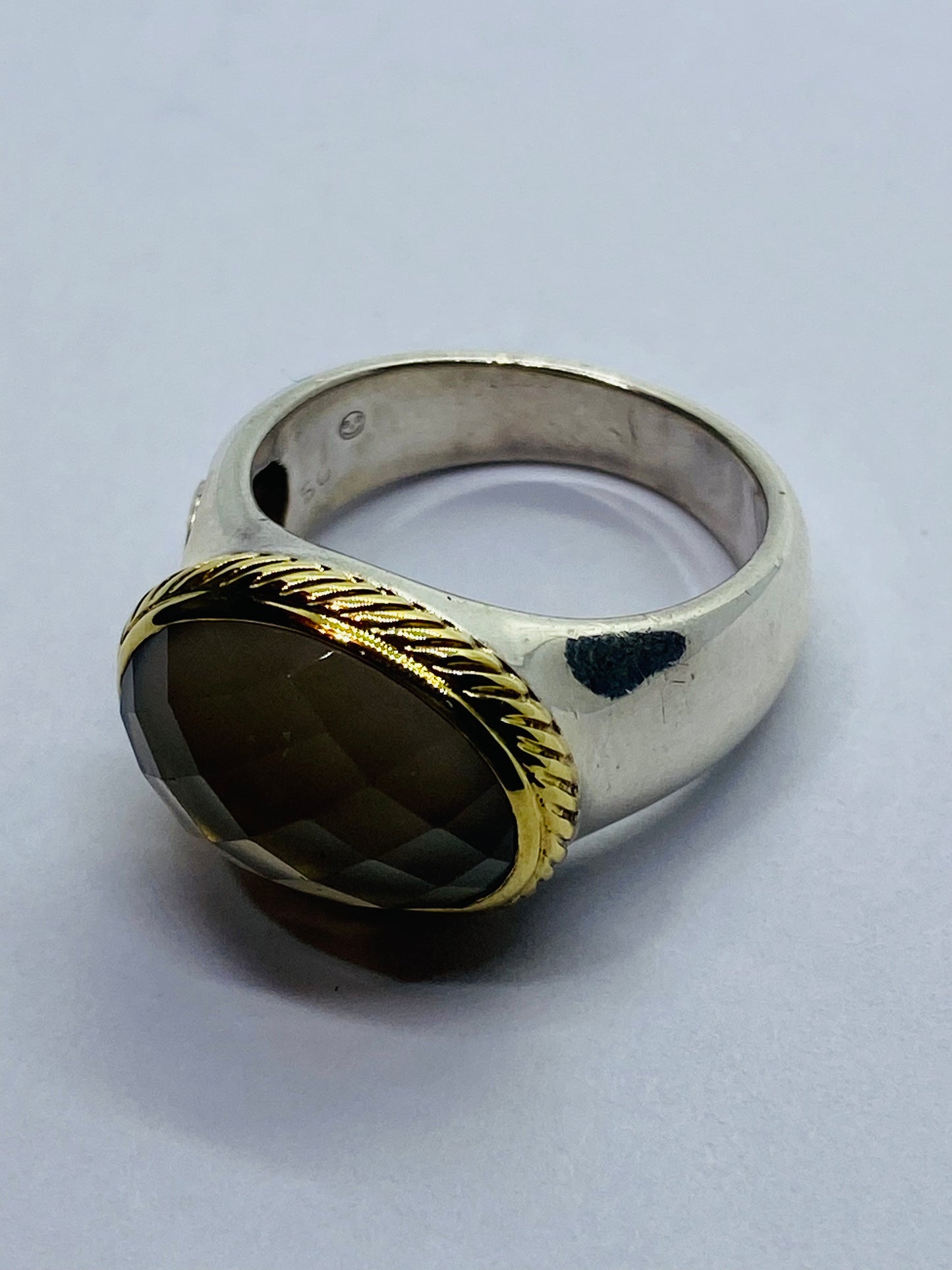 18K Yellow Gold Silver Smoky Topaz Cocktail Ring Oval Signature