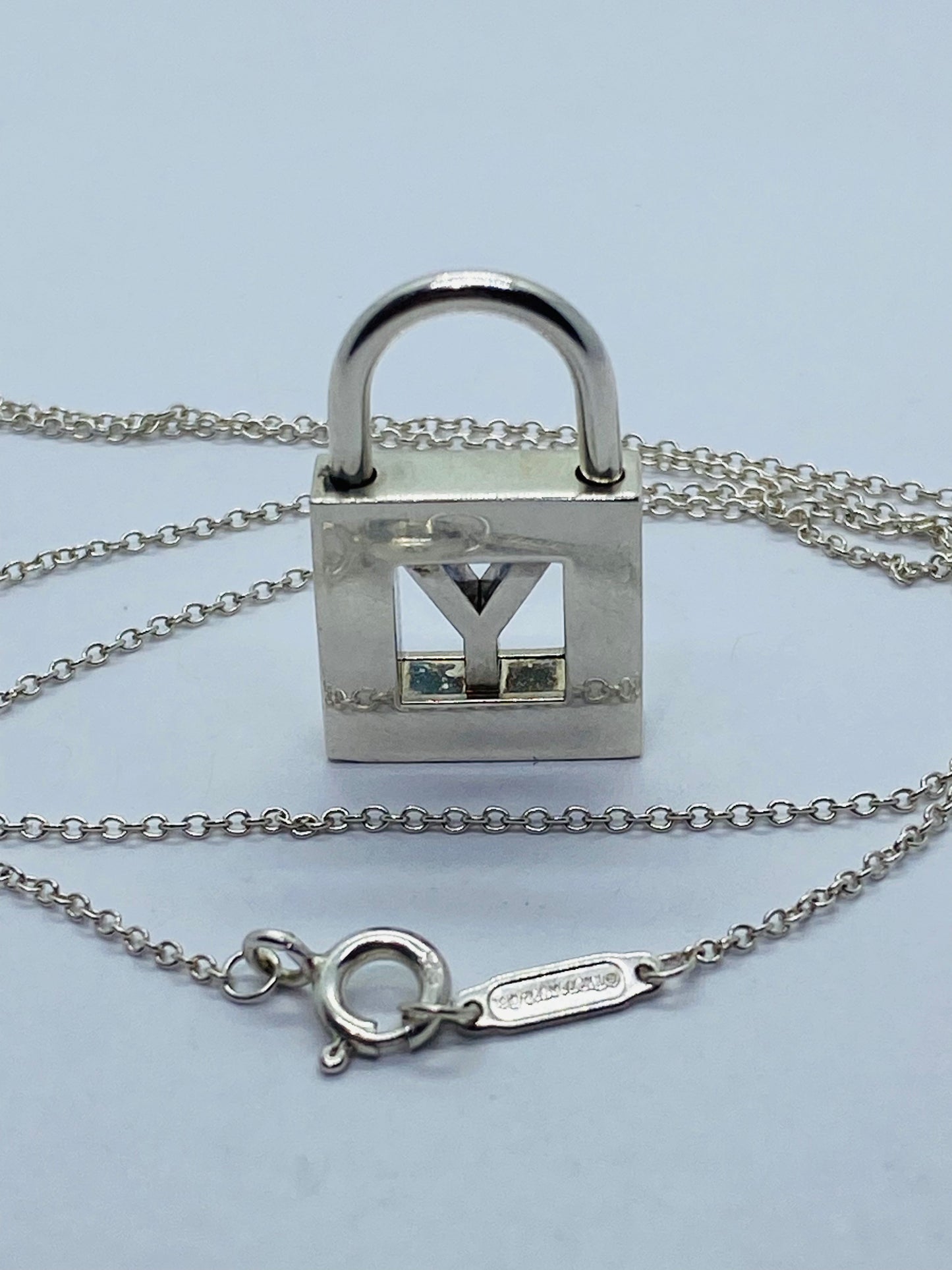Tiffany & Co Silver Alphabet Letter "Y" Padlock Charm Pendant 17.5” Necklace