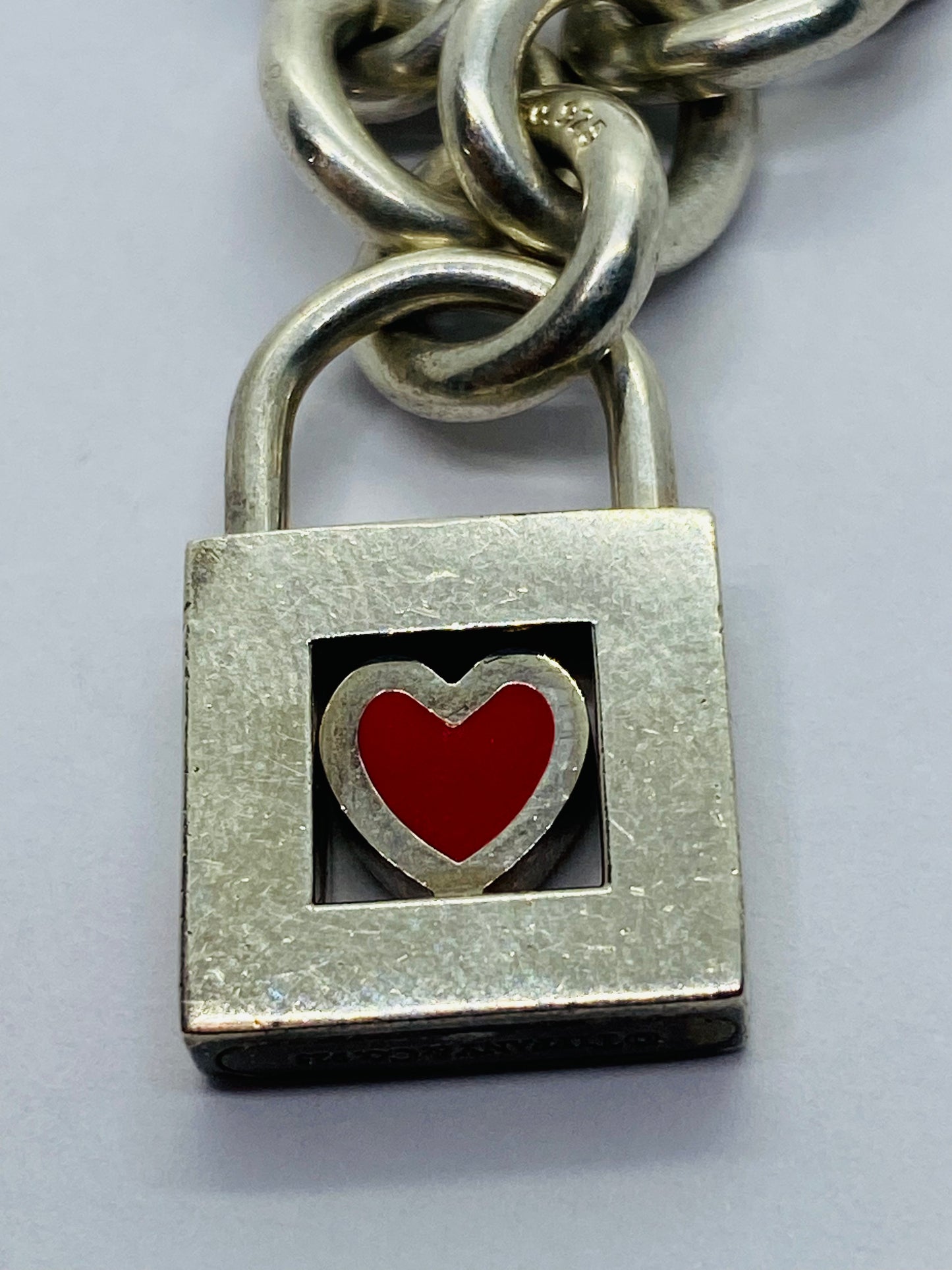 TIFFANY & CO. Bracelet 8” Red Heart Padlock Charm Sterling Silver W/Pouch