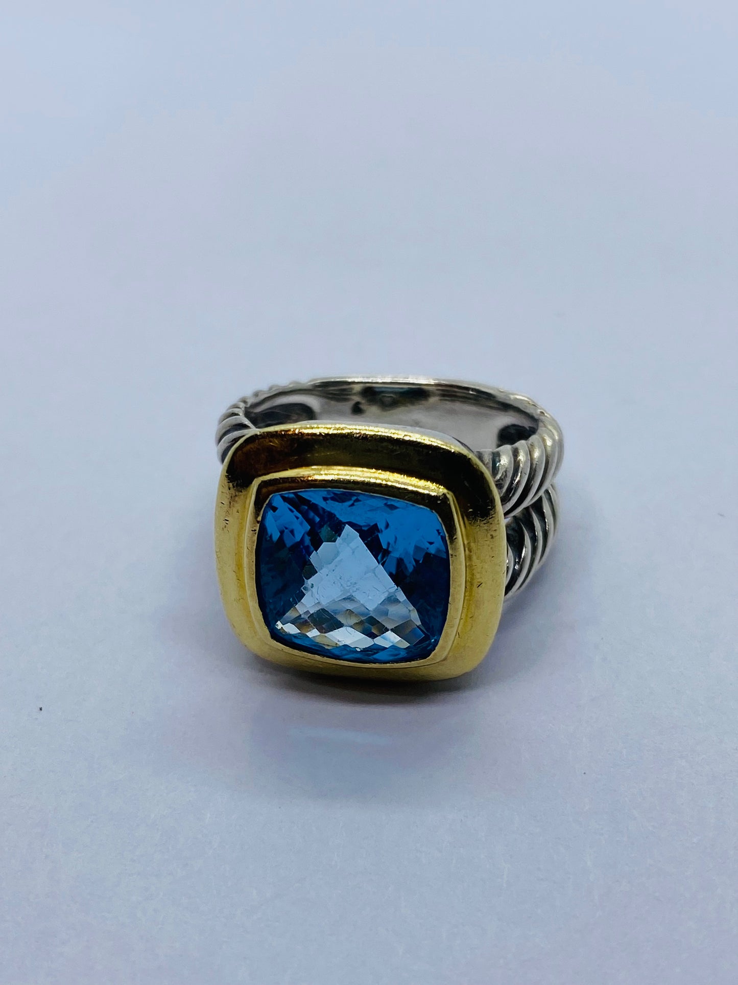 David Yurman Split Shank Sterling Silver & 18K W 11mm Blue Topaz Ring Sz 6