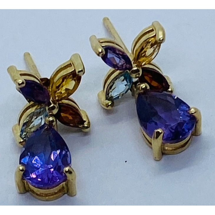 Solid 14K Yellow Gold Amethyst, Garnet, Citrine, Aquamarine Earrings