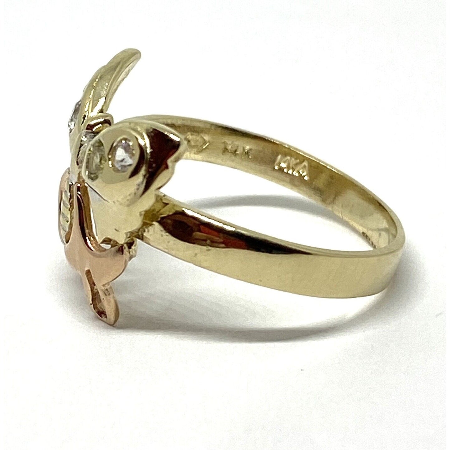 14K Solid Yellow Gold Beautiful Tri Color Butterfly CZ Ring. Size 6 3/4