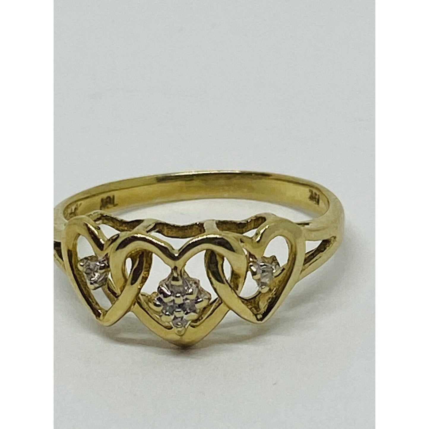 10K Gold 3 Heart Diamond Ring Size 7, Signed ADL