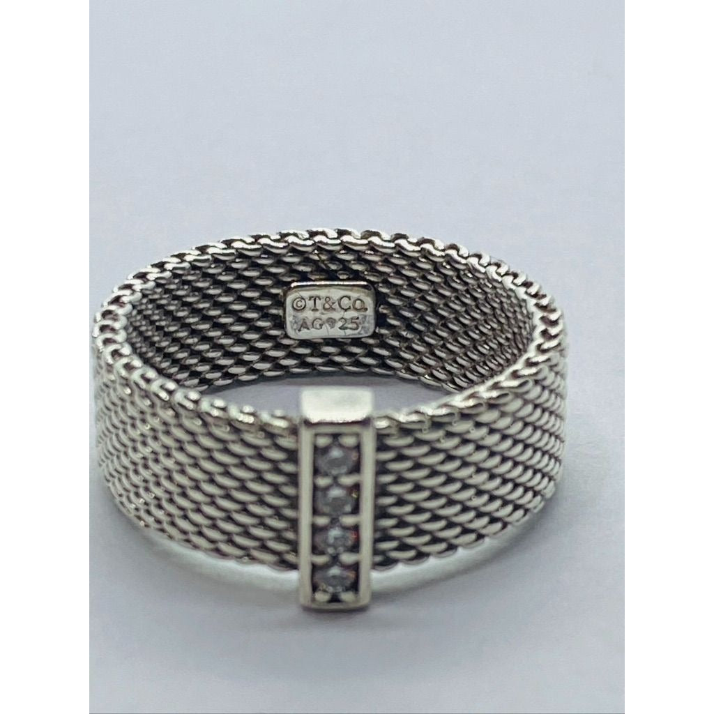 Tiffany & Co Sterling Silver Diamond Mesh Somerset Wide Band Ring. Retired