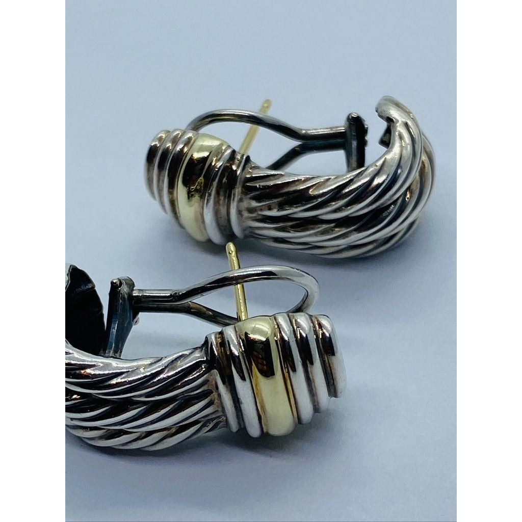 David Yurman Triple Cable Two-toned Pierced Hinge Clip Earrings 14K Sterling 925