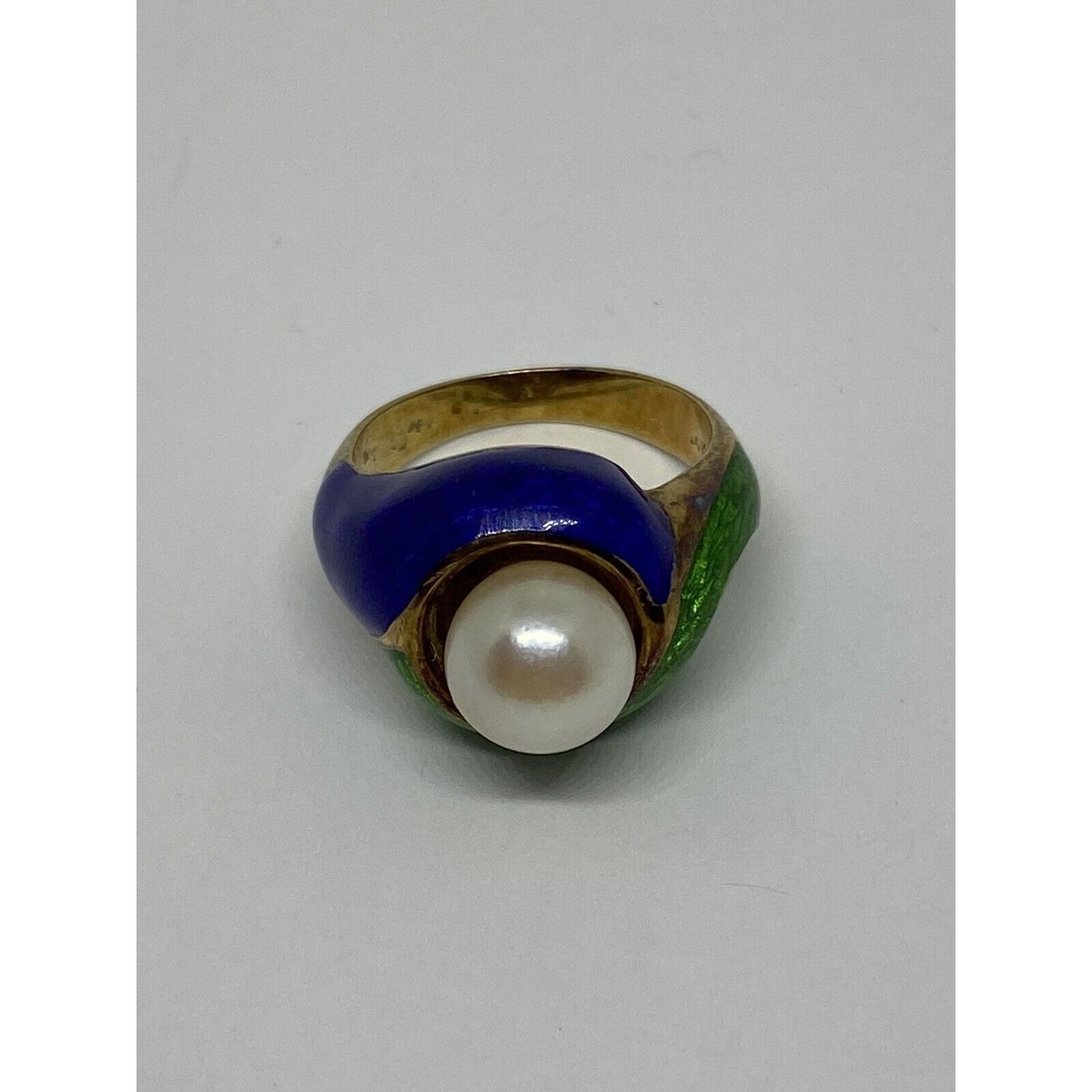 Vintage Pearl Ring Blue Green Enamel 14K Yellow Gold Estate Retro 7.5mm Pearl