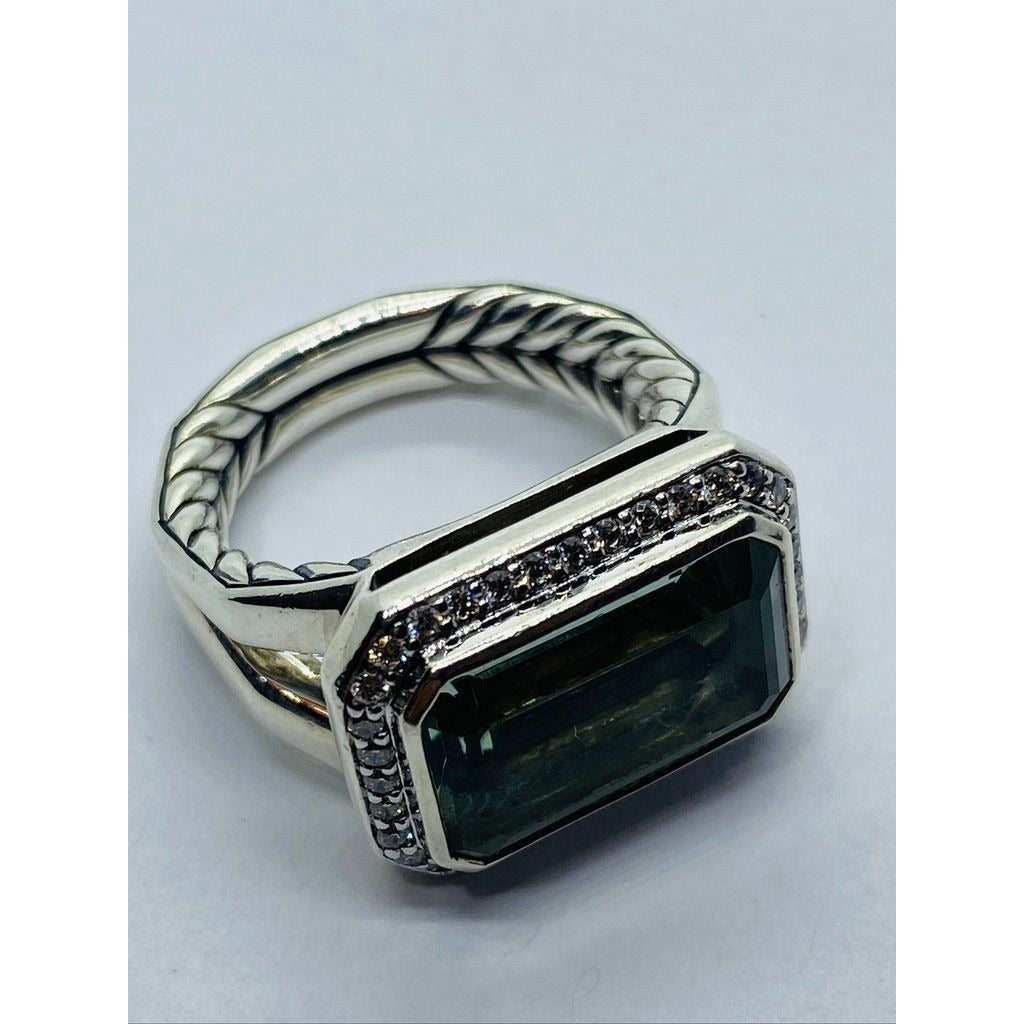 David Yurman Sterling Silver Novella Prasiolite Diamond Ring Size 4.75