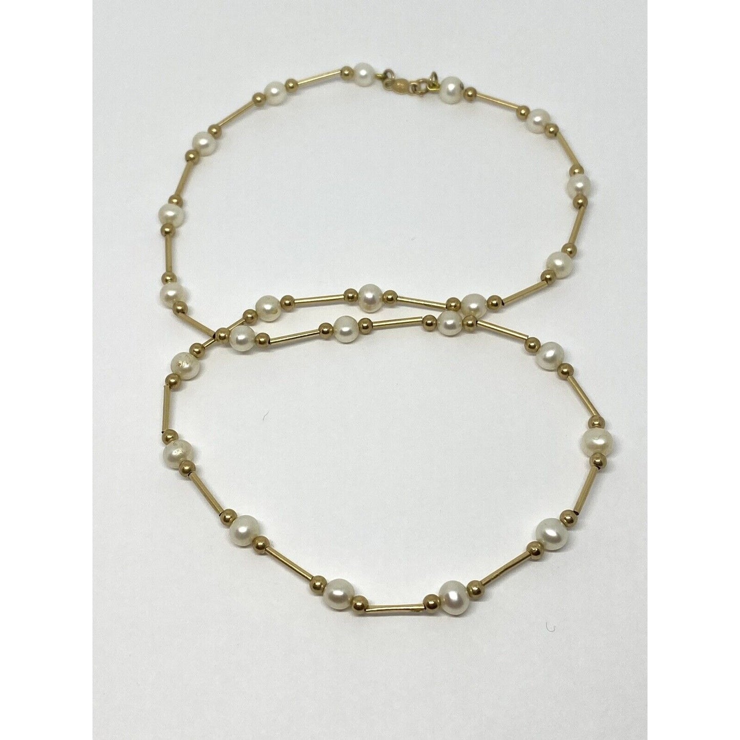 Vintage 14k Yellow Gold Pearl Station Link Necklace 17” 5MM Pearls