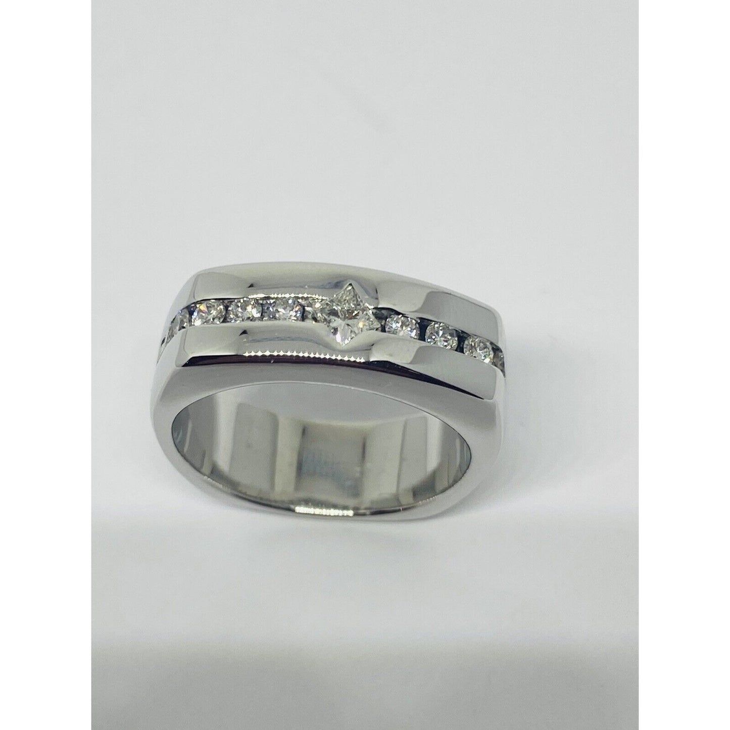 Mens Diamond Ring 14K White Gold Band 8MM Wide. 14.2 Grams, Size 9.5, .39TCW