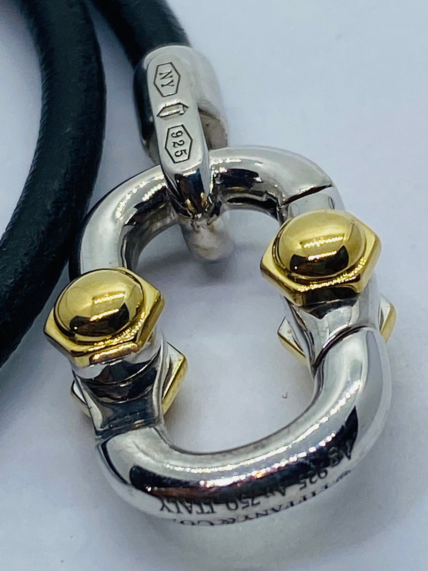 Tiffany & co 1837 Makers Black leather cord Sterling and 18k Bracelet 15.5”